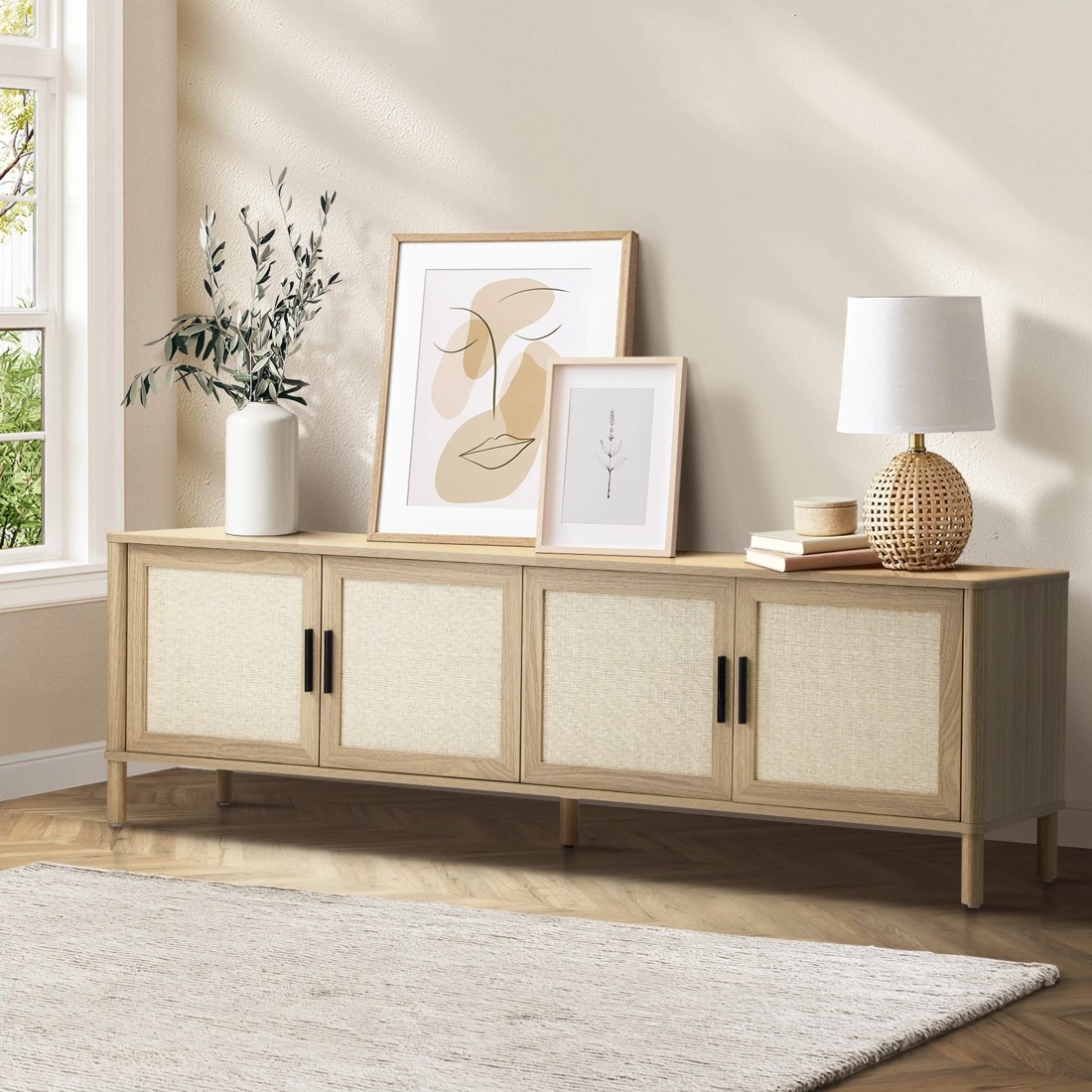 2 Oikiture Tv Cabinet Entertainment Unit Rattan Door 160cm
 - Natural, 2 of 10