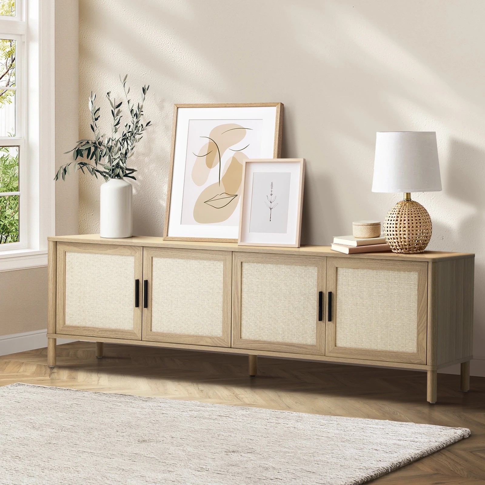 2 Oikiture Tv Cabinet Entertainment Unit Rattan Door 160cm
 - Natural, 2 of 8