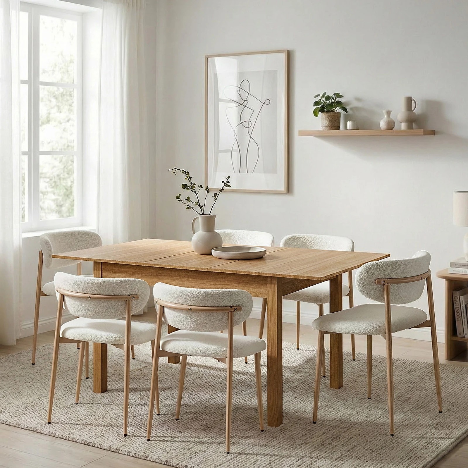 4 Oikiture 7pc Extenable Dining Table and Chairs Wooden Dining Set Boucle - Natural, 4 of 10