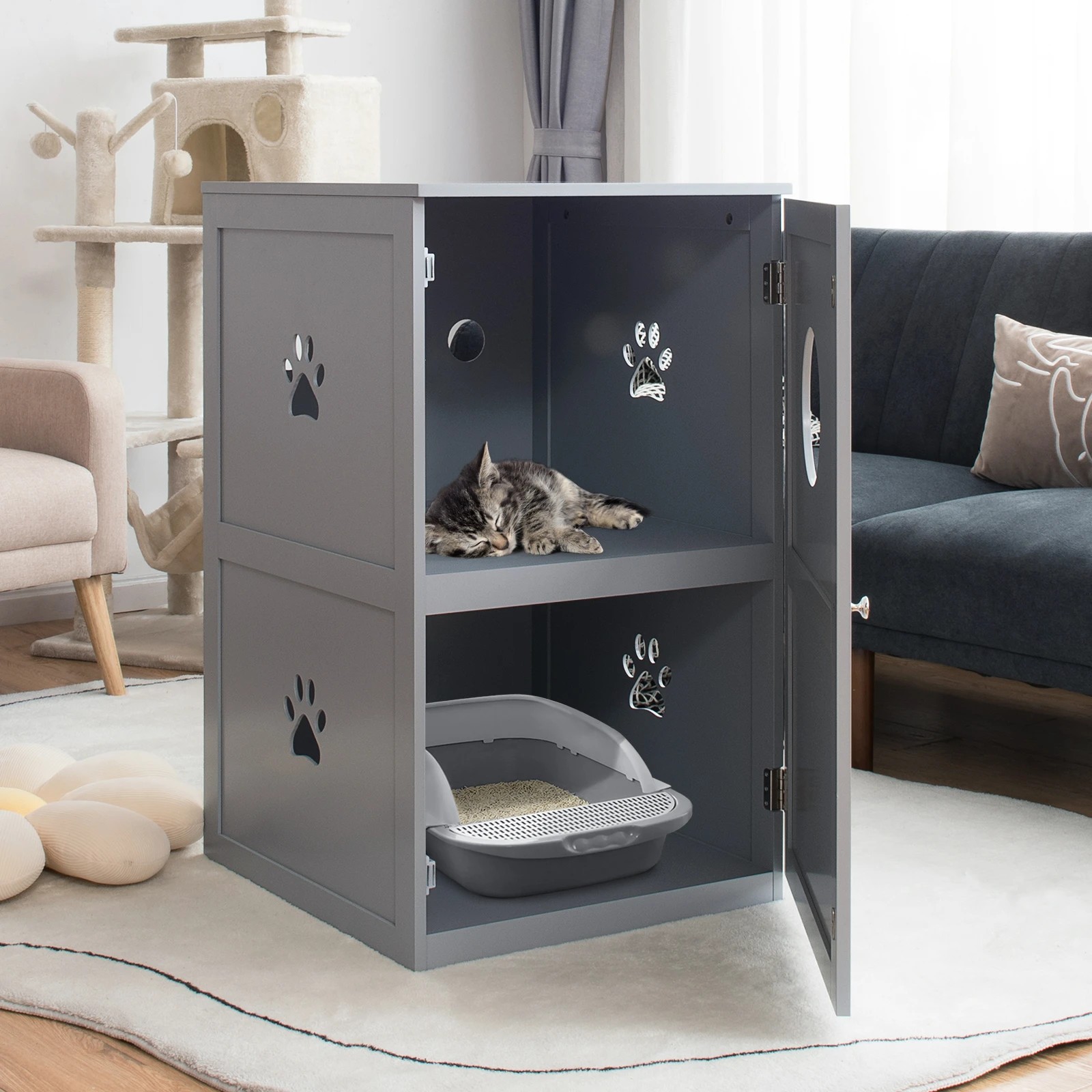 3 Costway 2-Tier Cat Litter Box Wood Storage Cabinet Enclosed Kitten Washroom - Grey, 3 of 5