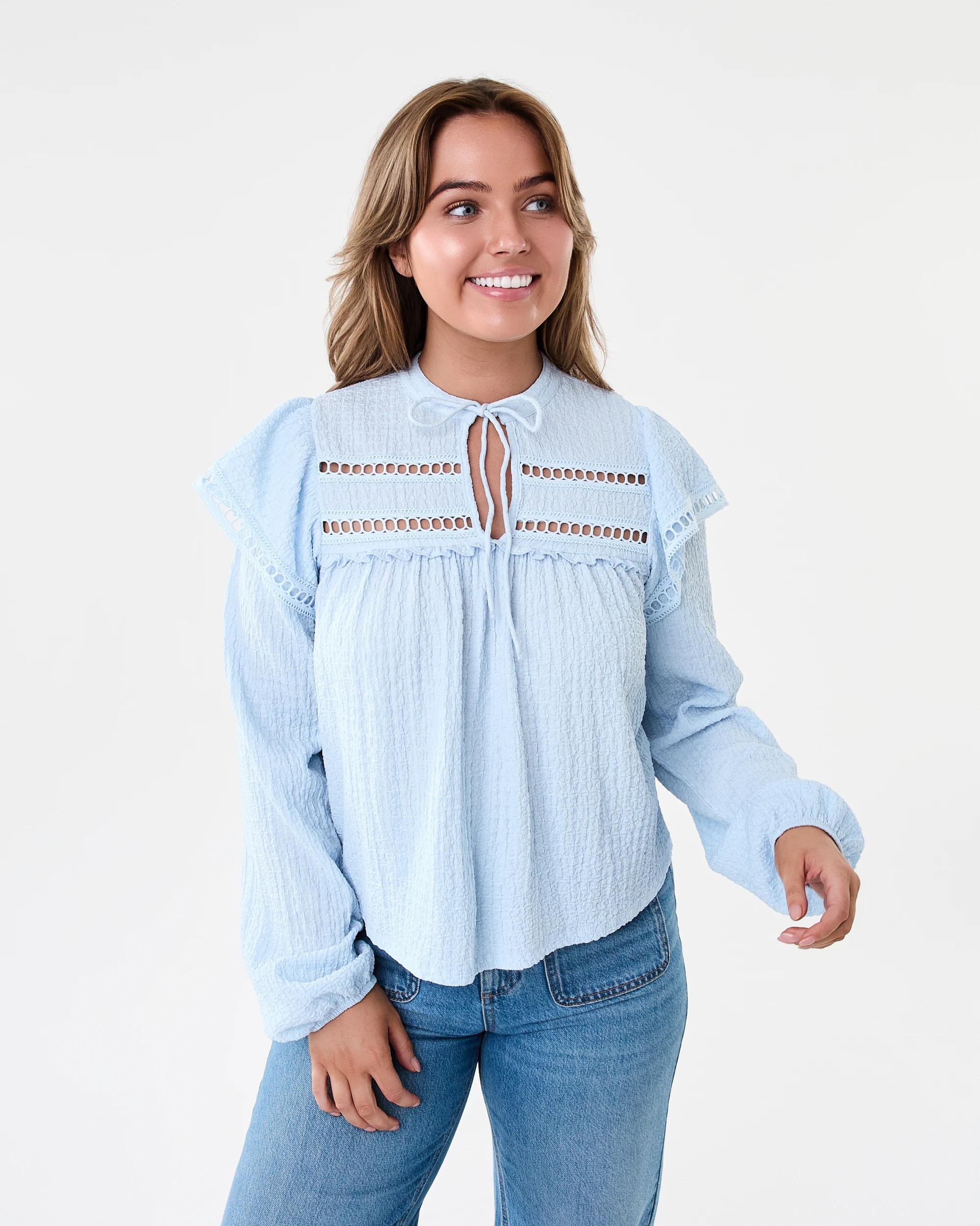 1 Long Sleeve Ruffle Detail Top Powd Blue, 1 of 7