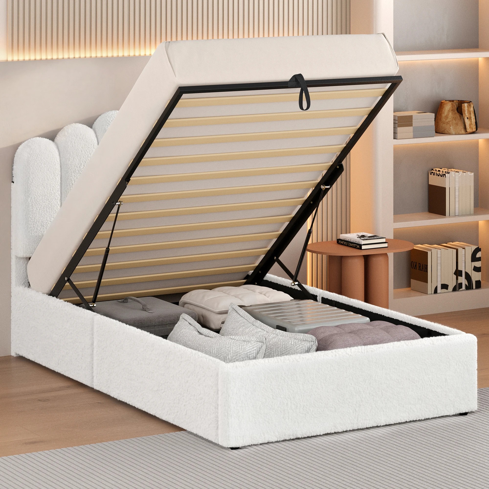 4 Alfordson Bed Frame Single Size Gas Lift Storage Base Wooden Boucle Mutis - White, 4 of 9