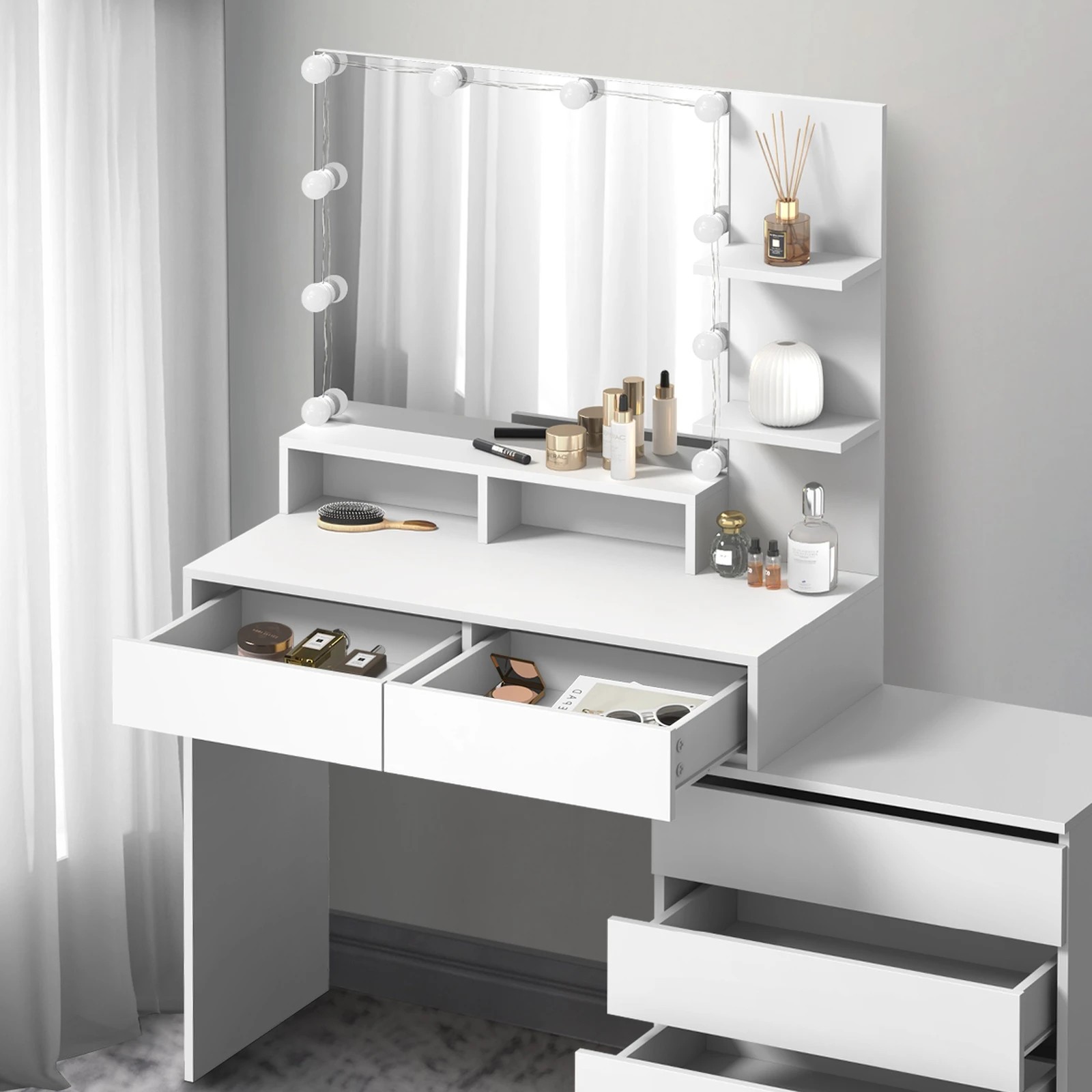 5 Oikiture Dressing Table Stool Set Makeup Mirror 10 Led Bulbs Cabinet
 - White, 5 of 9