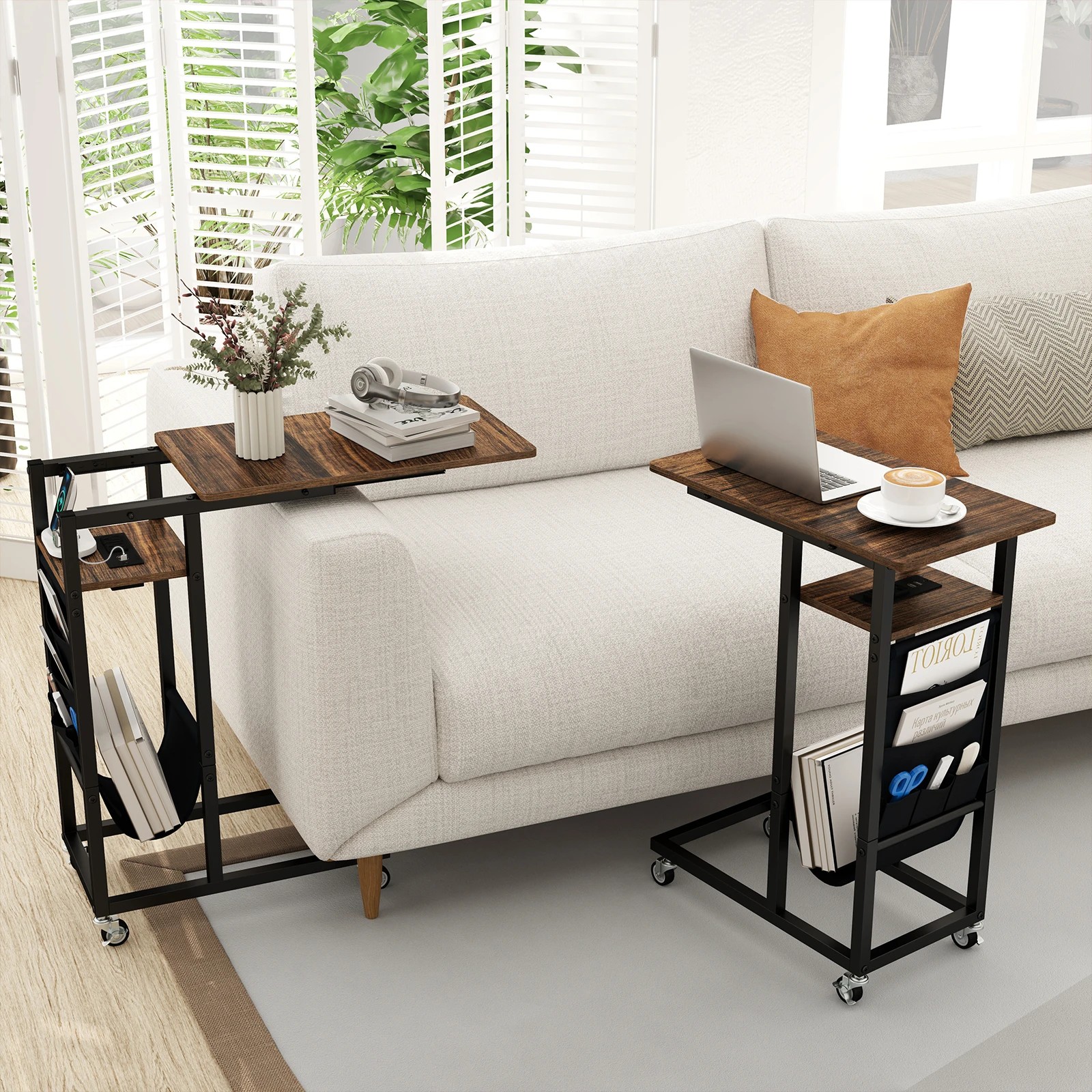 3 Costway C-shaped End Table Retractable Rolling Bedside Table w/Charging Station, 3 of 4