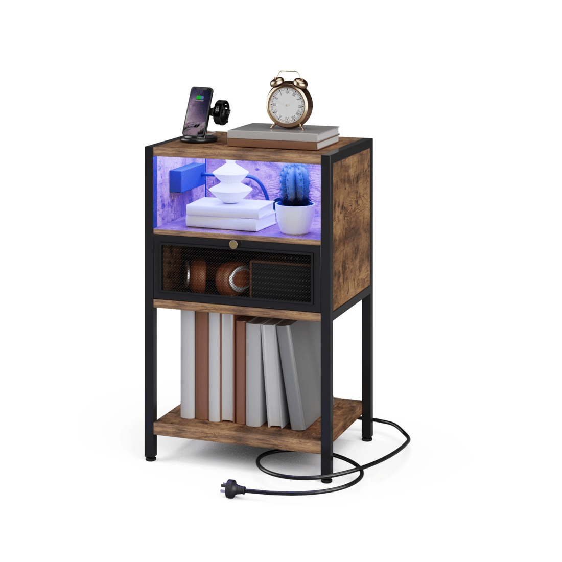 8 Advwin 2x LED Bedside Table with Charging Station Metal Mesh Drawer Nightstand Side Table - Brown, 8 of 9