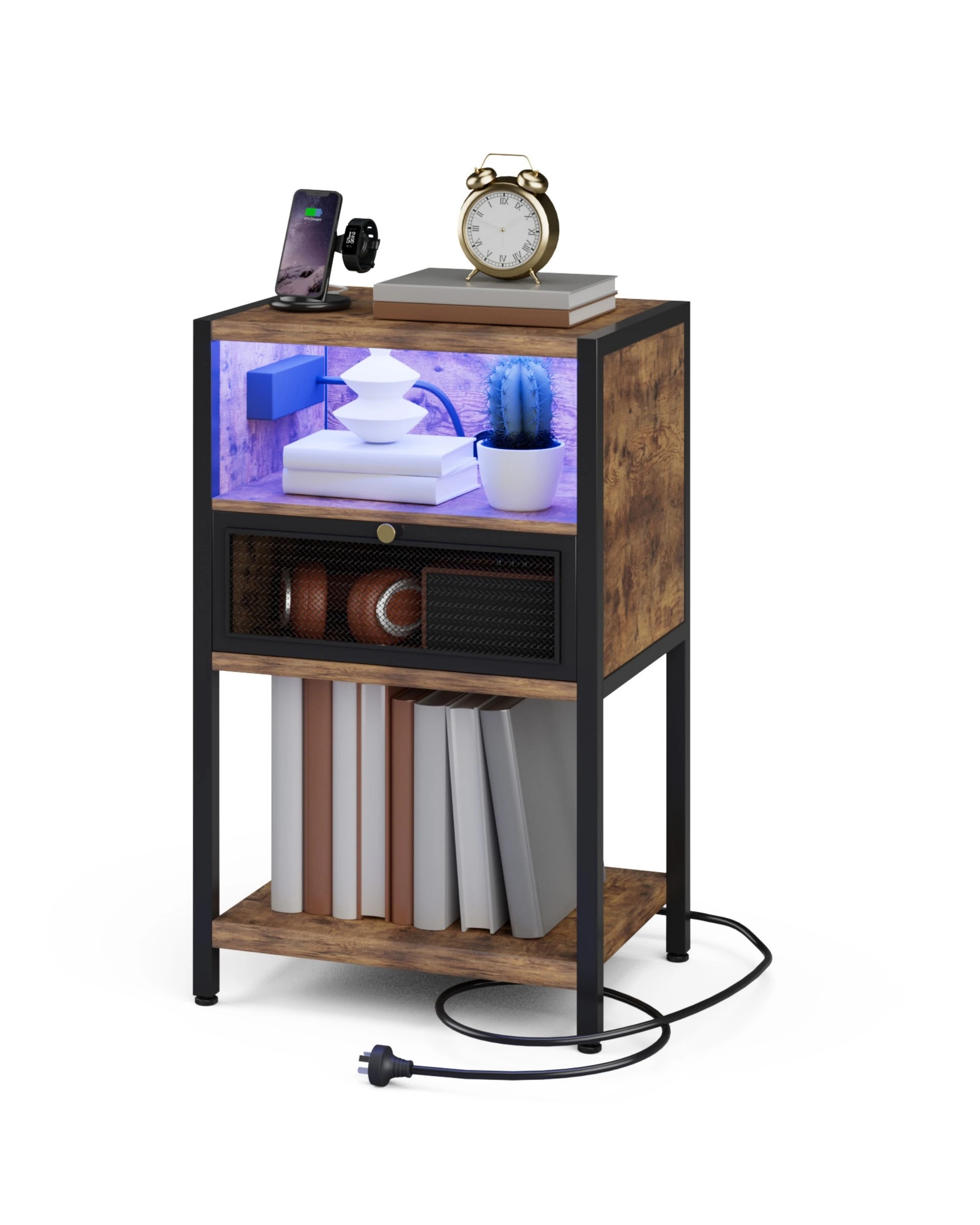 8 Advwin 2x LED Bedside Table with Charging Station Metal Mesh Drawer Nightstand Side Table - Brown, 8 of 9