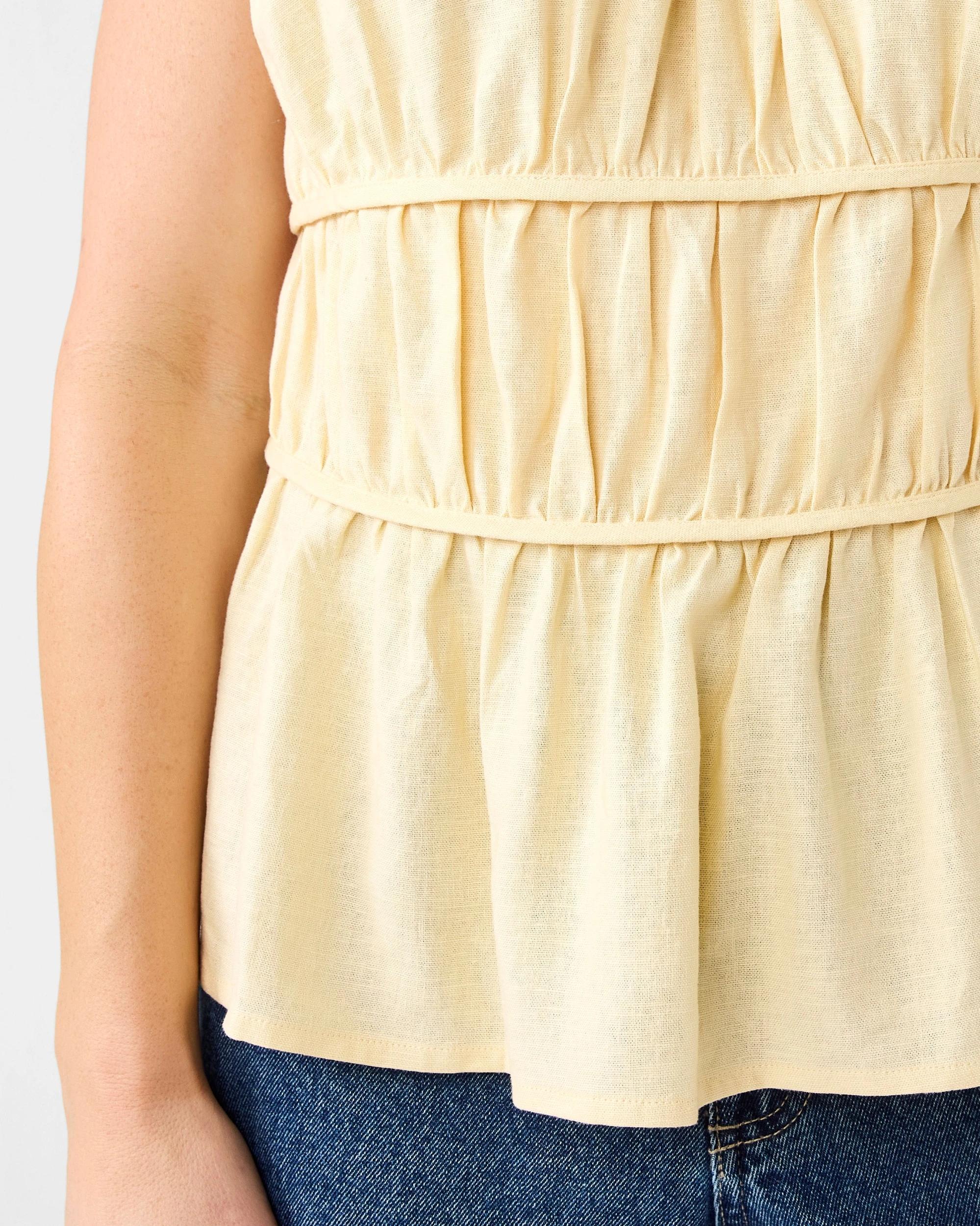 6 Sleeveless Linen Blend Ruched Top Vanilla, 6 of 6