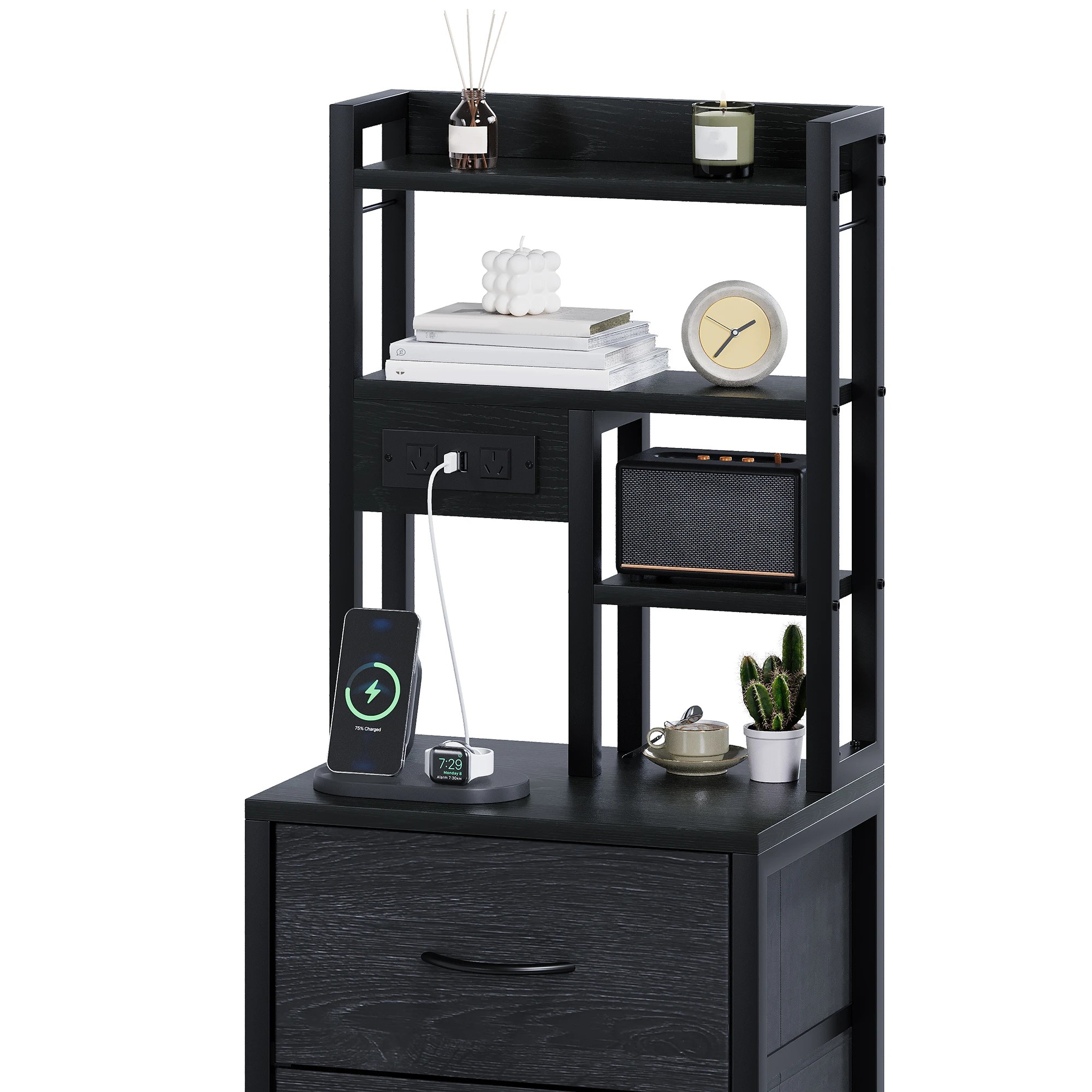 5 Advwin Set of 2 LED Tall Bedside Table with Charging Station 4 Drawers Open Shelves - Black, 5 of 7