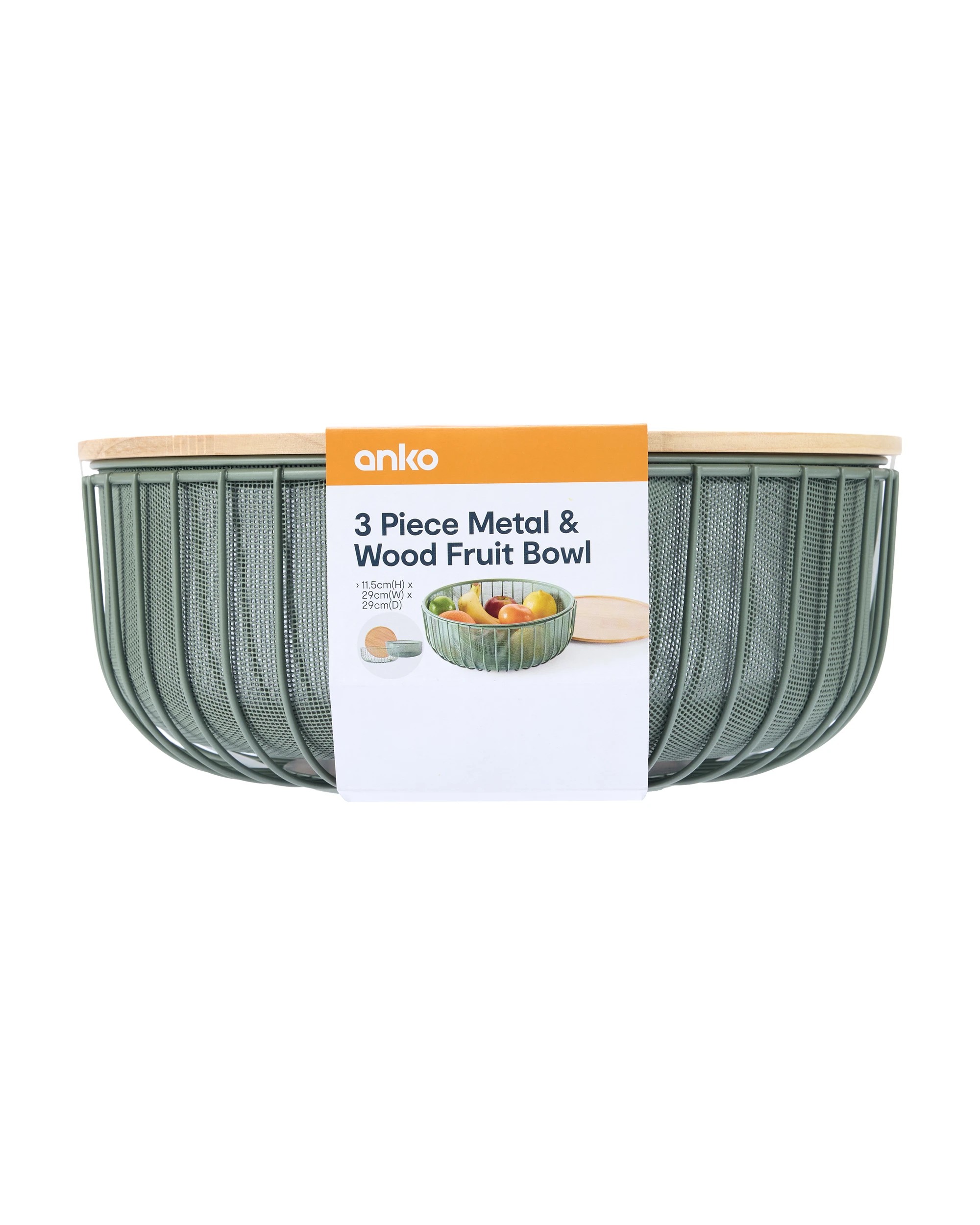 9 3 Piece Metal and Wood Fruit Bowl - Green, 9 of 9