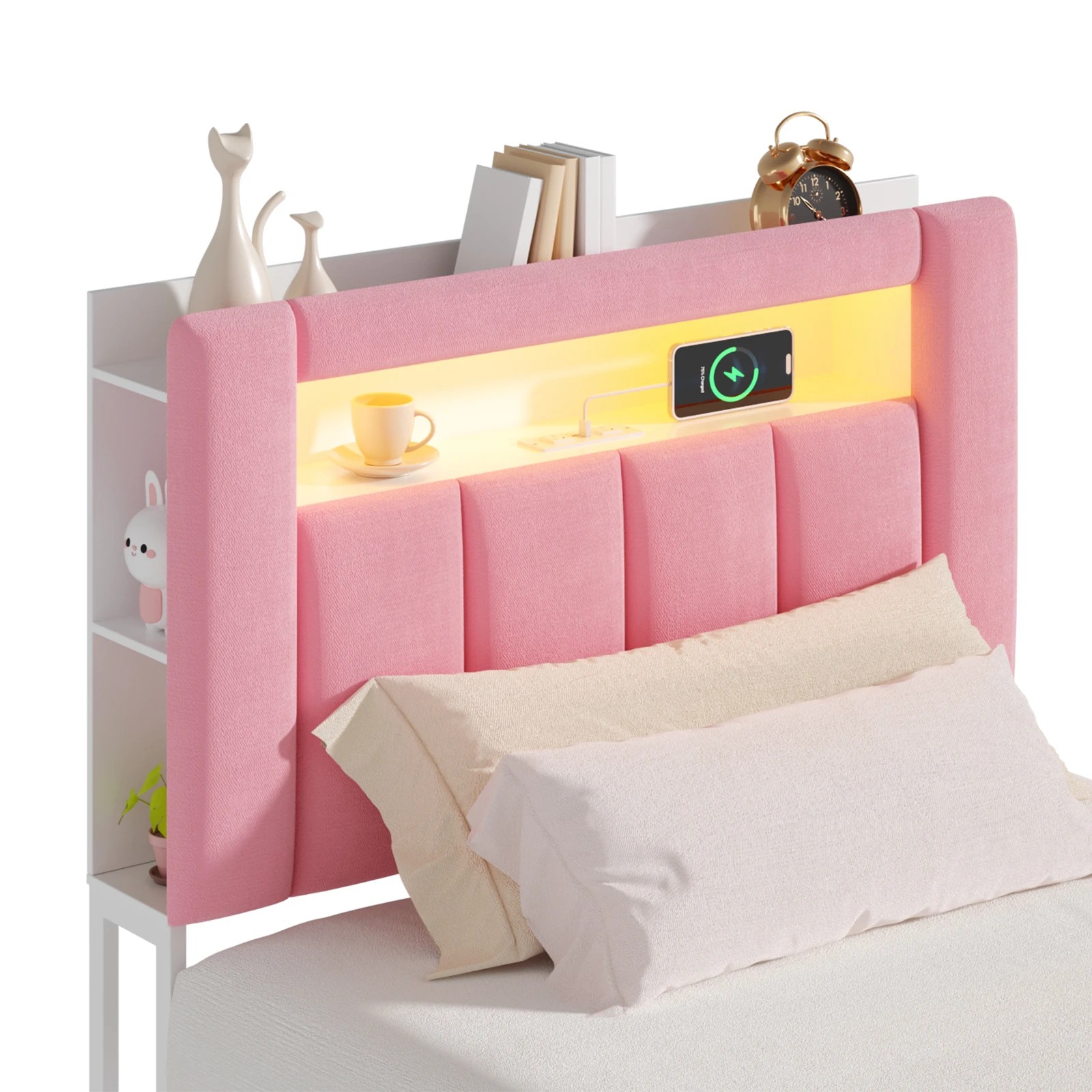 5 Advwin Kingsingle Bed Frame with LED Shelves and Charging Station - Pink, 5 of 7