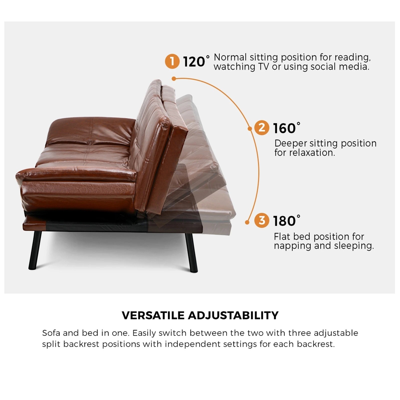 4 Oikiture Sofa Bed Futon Recliner Lounge Couch Convertible Leather 3-seater
 - Brown, 4 of 10
