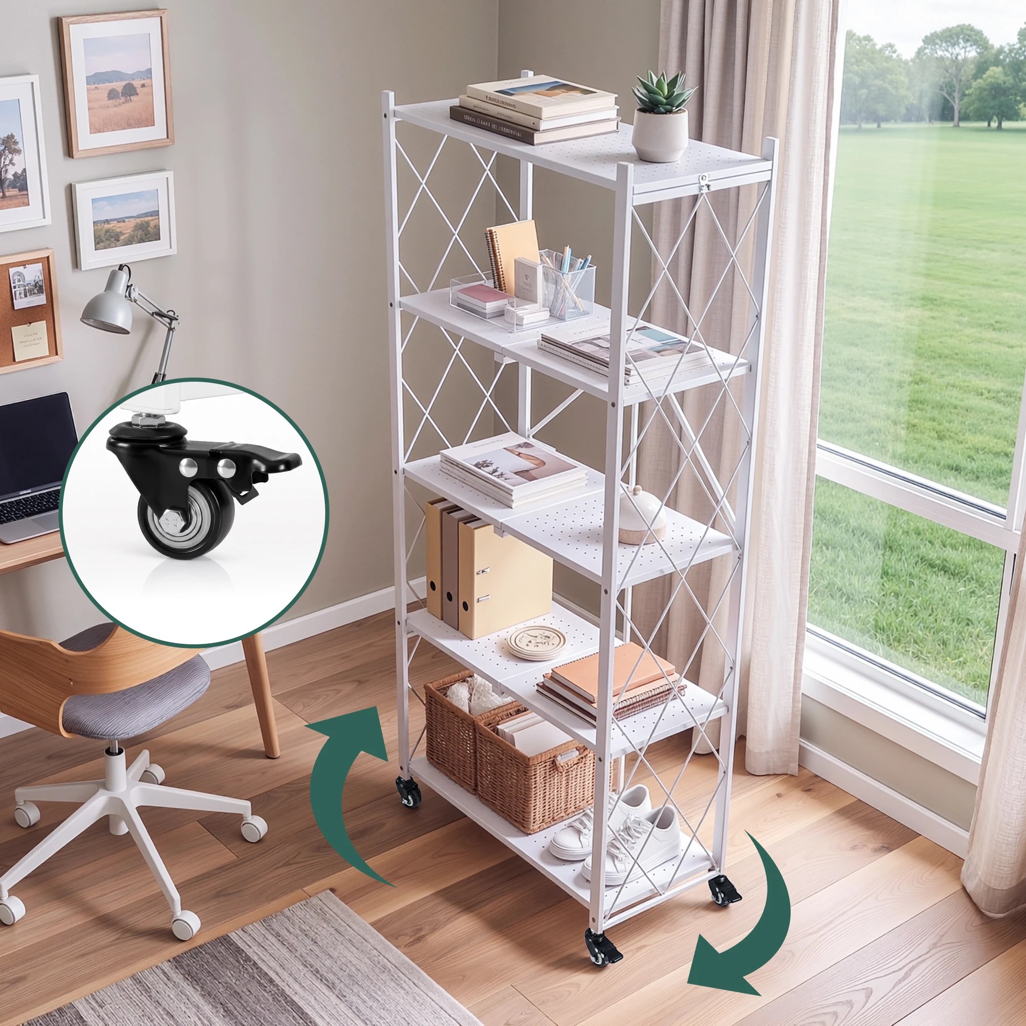 8 Artiss 5-Tier Foldable Kitchen Bakers Rack with Wheels 71x34x160cm Metal Microwave Stand 25kg Capacity Per - White, 8 of 10
