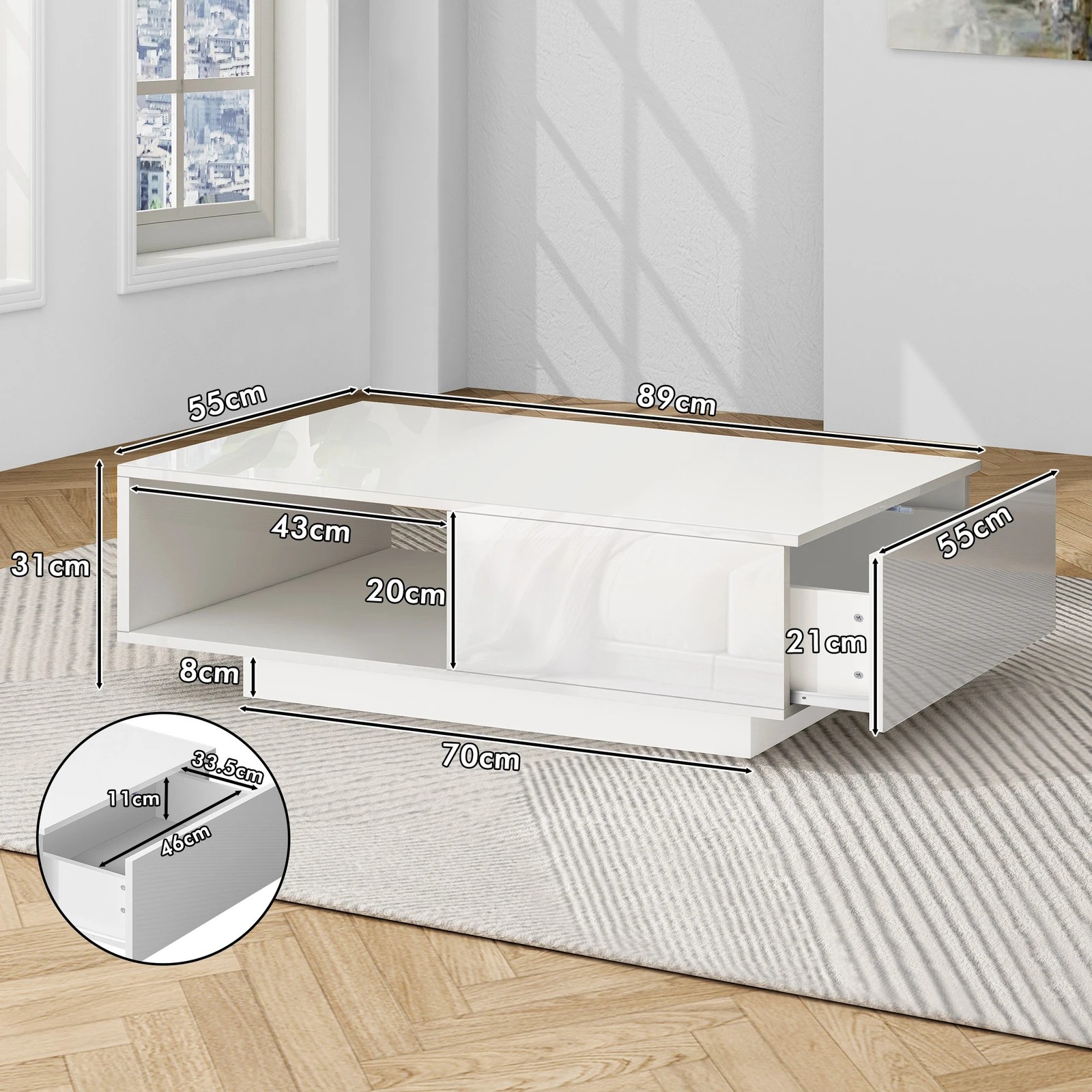 3 Alfordson Coffee Table 1 Drawer LED Gloss - White, 3 of 10