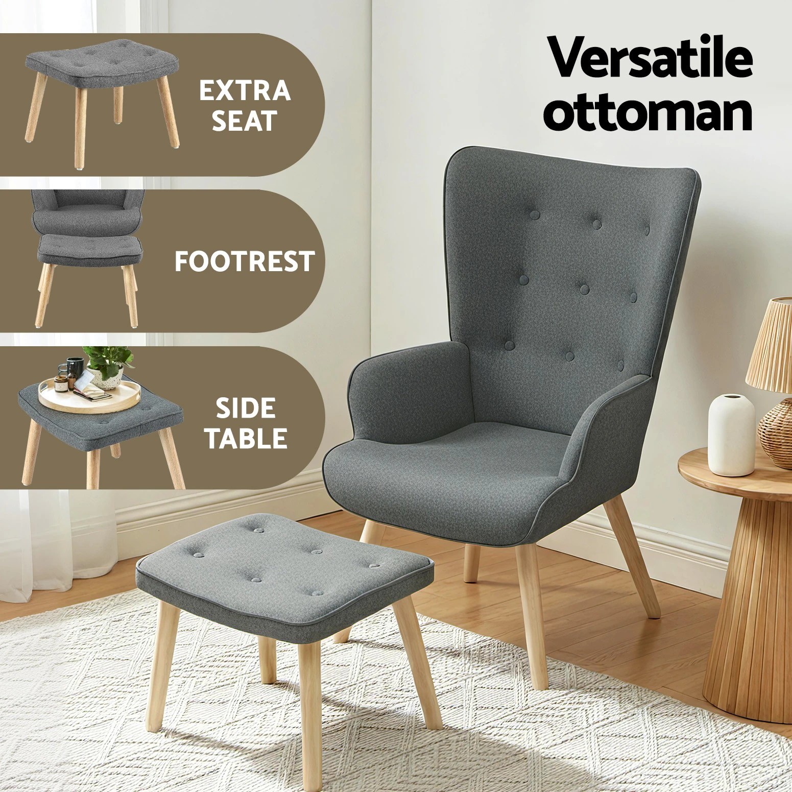 4 Artiss Armchair Set with Ottoman  Lansar - Grey, 4 of 7