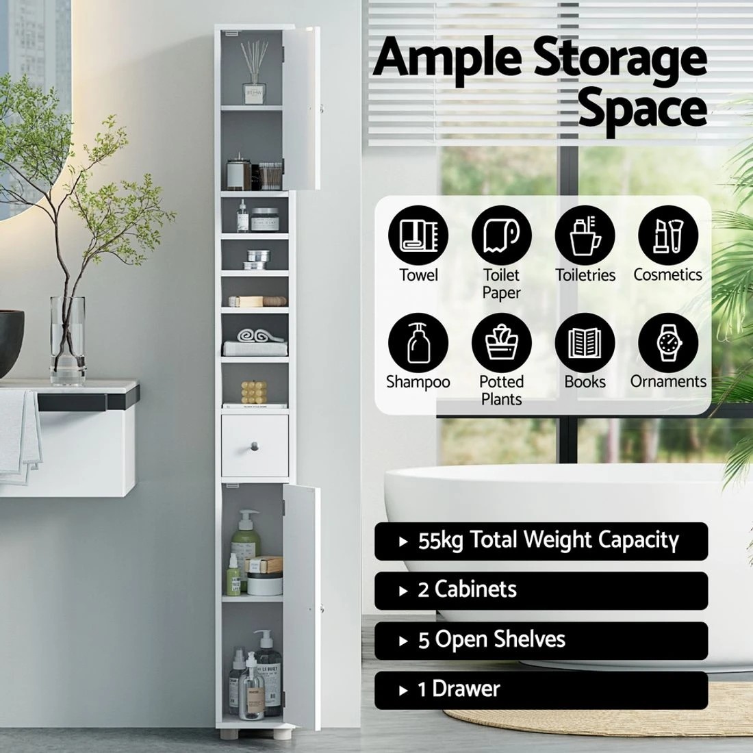 6 Artiss Tall Bathroom Storage Cabinet 180cm Slim Linen Tower Adjustable Shelves Durable Space Saving Organizer - white, 6 of 8