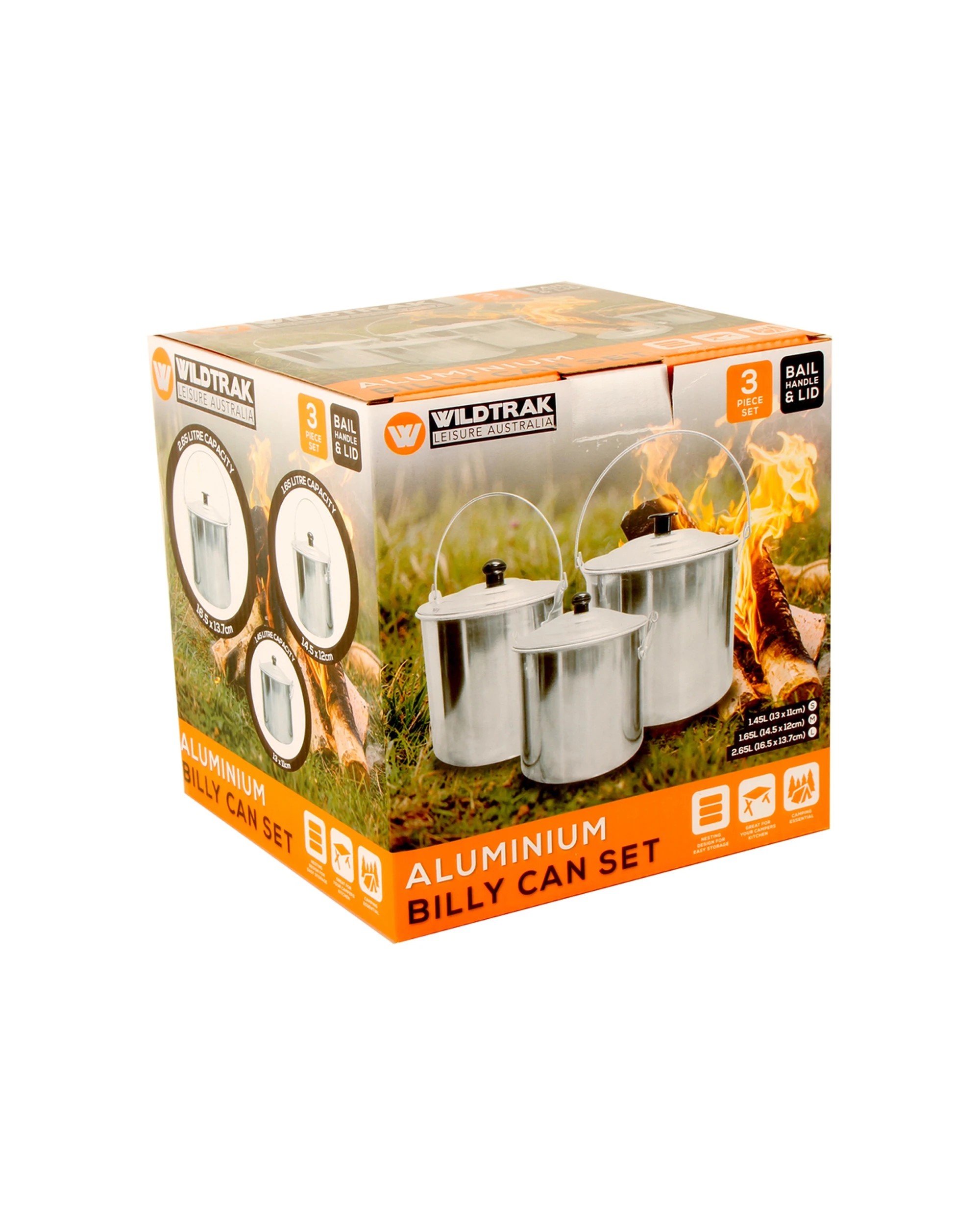 3 Wildtrak 3pc Wildtrak Aluminium 1.45L 1.65L 2.65L Billy Can Set Nesting - Silver, 3 of 3
