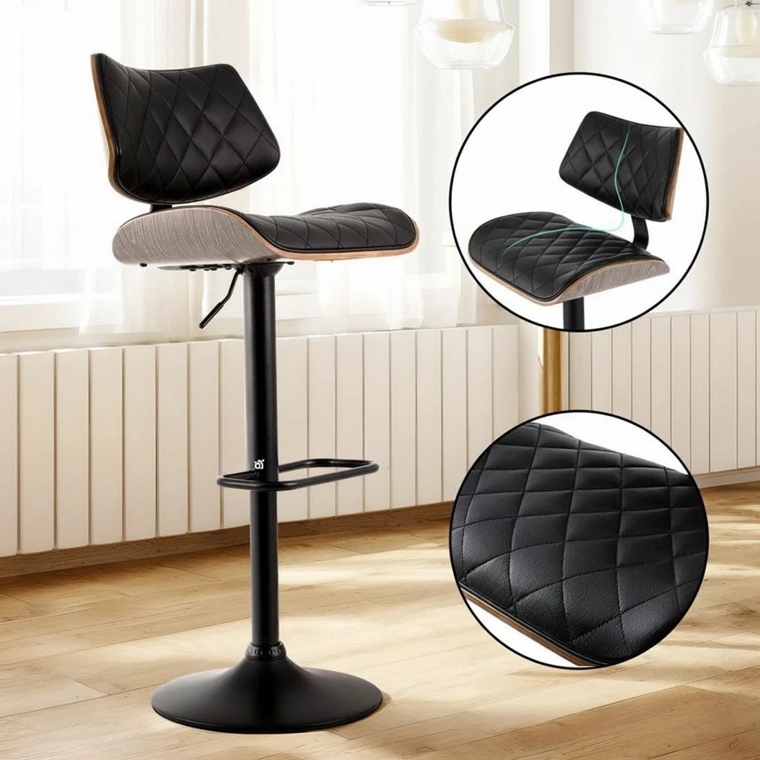 4 Artiss 2x Bar Stools Kitchen Dining Chairs Gas Lift Stool Wooden Leather - Black, 4 of 4