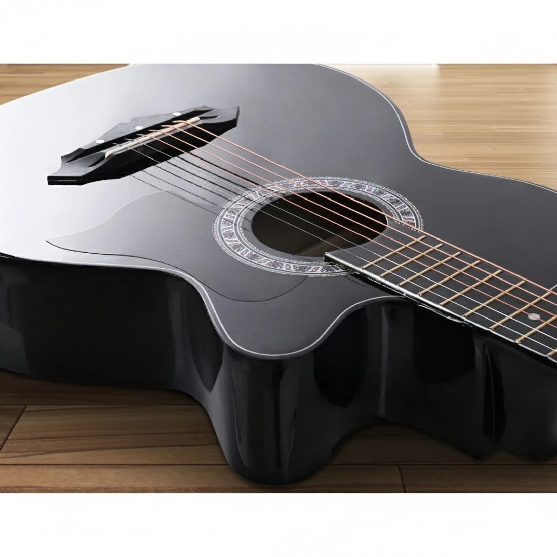 5 Alpha 38 Inch Acoustic Guitar Wooden Body Steel String Full Size Cutaway - Black, 5 of 8