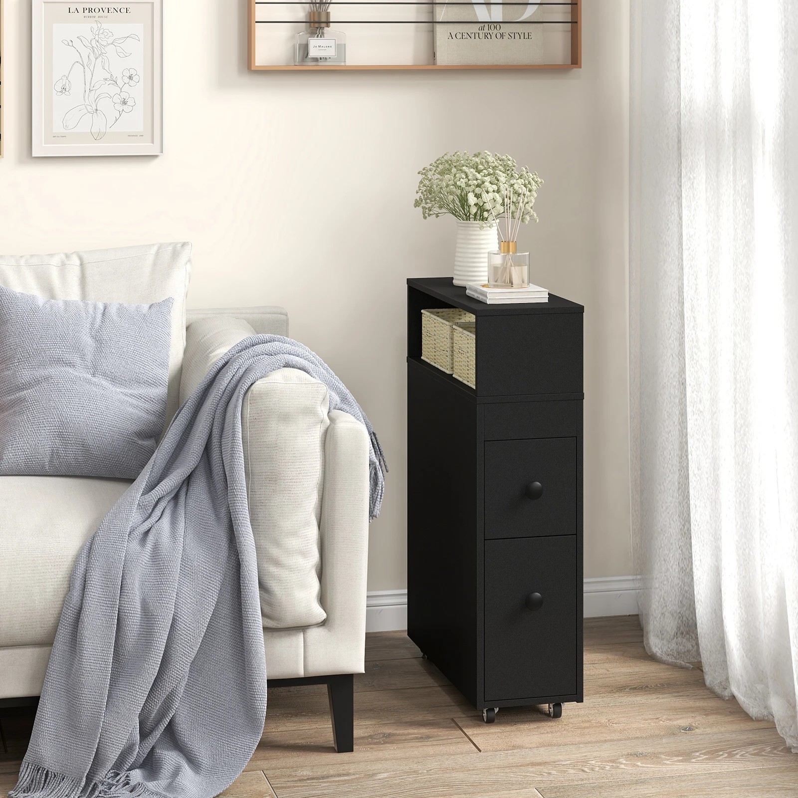 2 Costway Mobile Bathroom Storage Cabinet Laundry Sideboard w/Tissue Holder - Black, 2 of 6