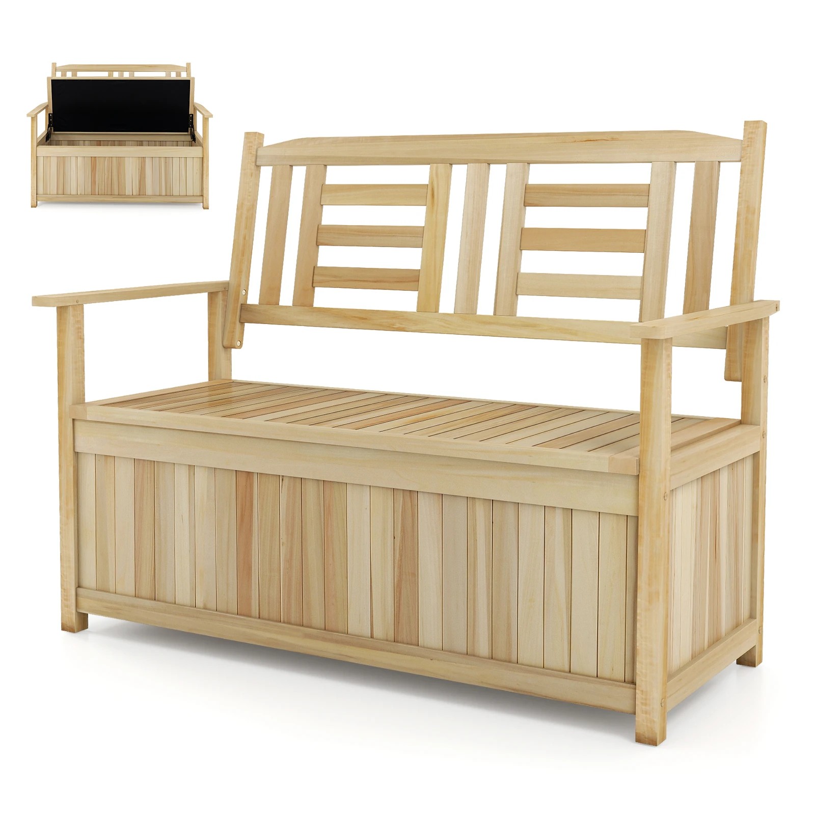 1 Costway 185L Patio Storage Bench Solid Wood Storage Loveseat w/Oxford Lining - Natural, 1 of 1