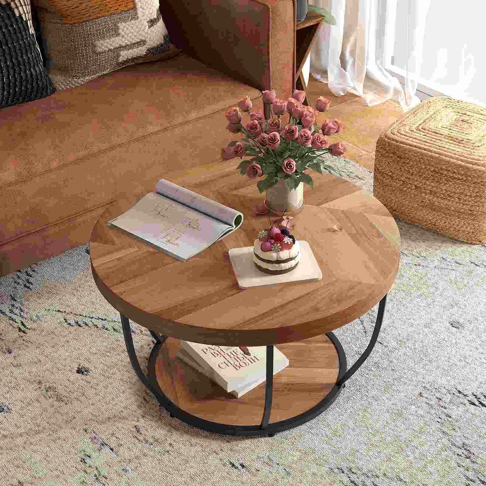 3 Costway 2-Tier Round Coffee Table Heavy-duty Metal Frame Tea Cocktail Table, 3 of 5