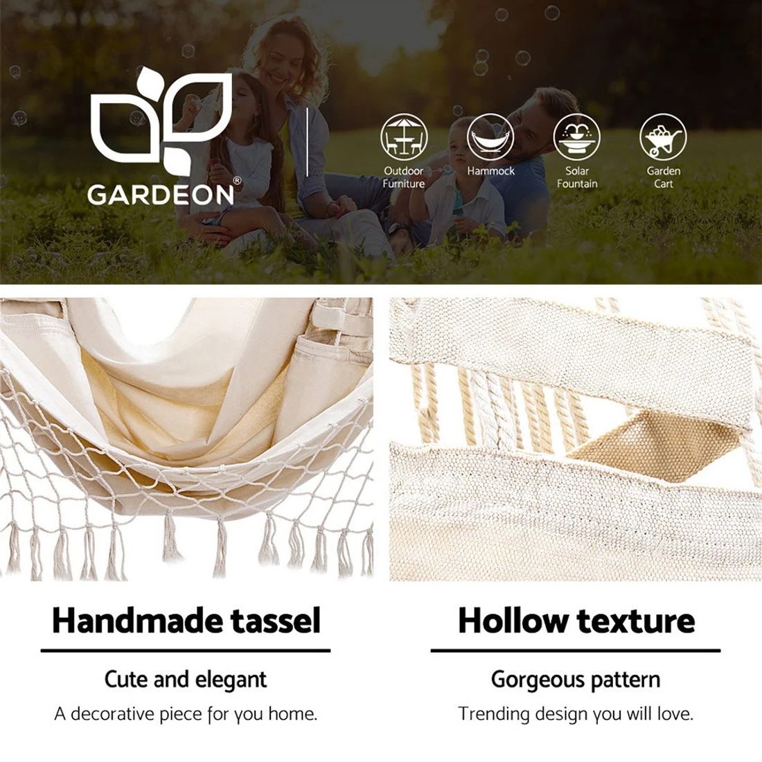 3 Gardeon Hammock Chair with Steel Stand Hanging Outdoor Tassel Cream - Multi, 3 of 6