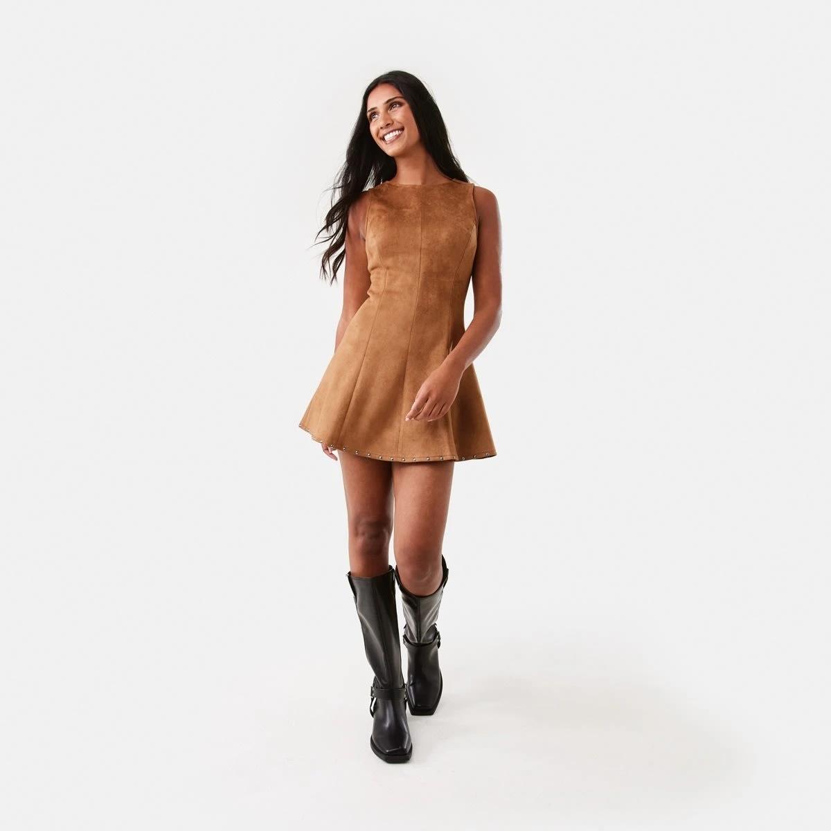 2 Suedette Mini Dress DEEP CAMEL, 2 of 10