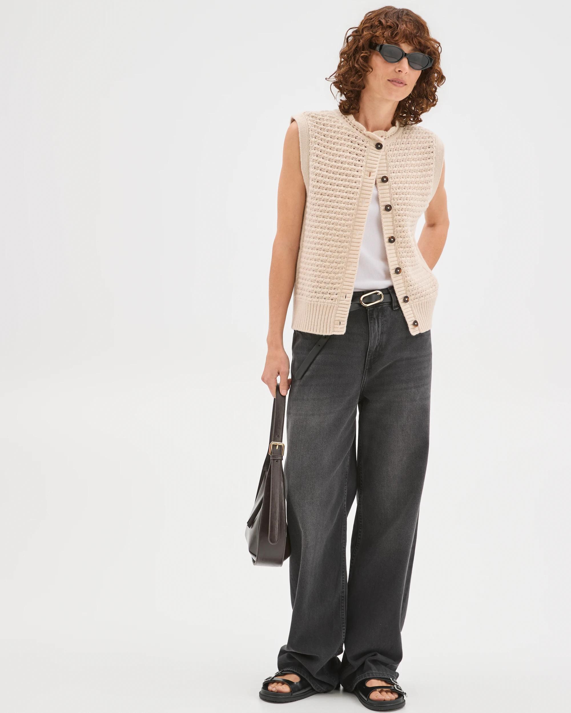 3 Target Woman Basket Stitch Ruffle Neck Vest PUMICE, 3 of 7