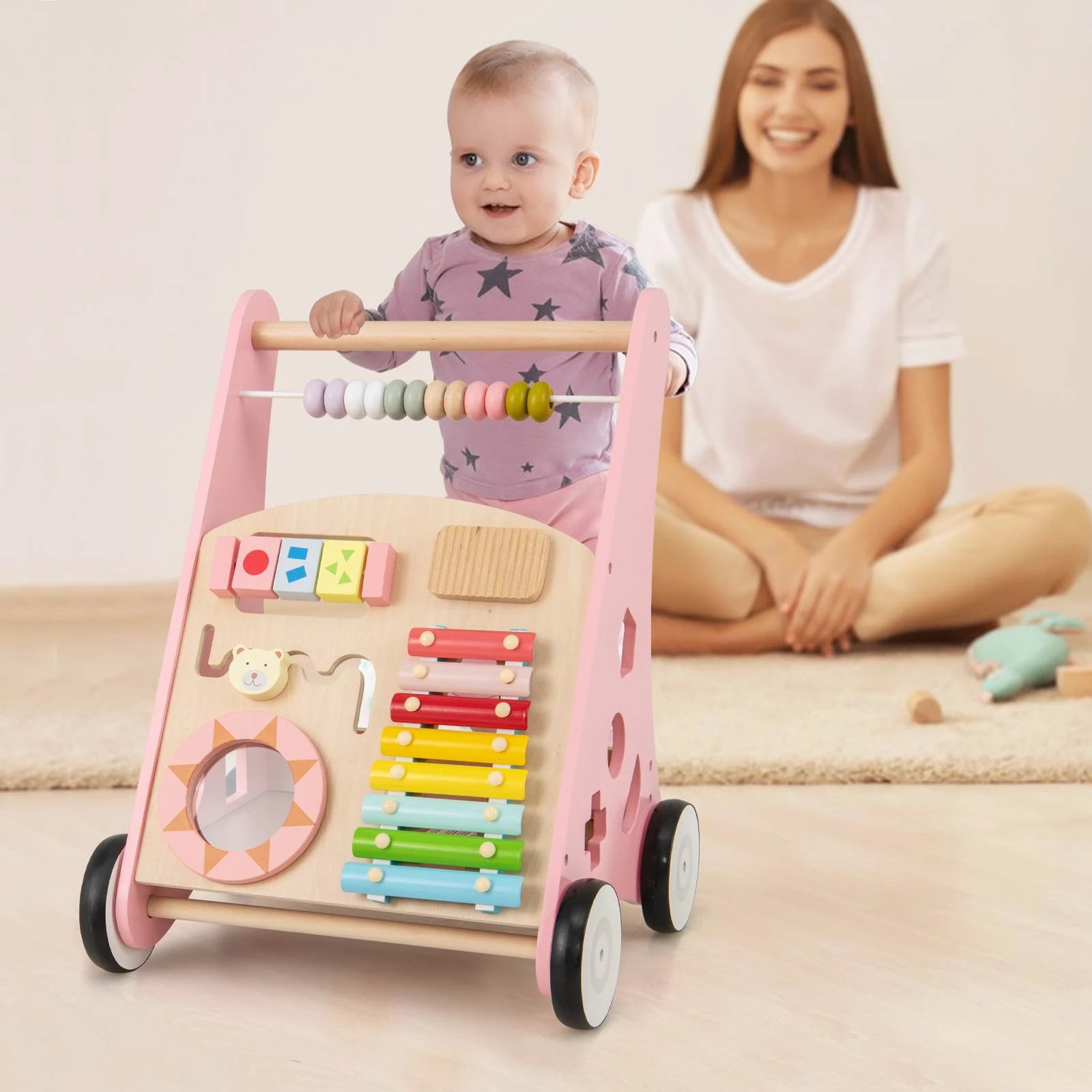 2 Costway Wooden Walker Push Walker Activity Center Toy - Pink, 2 of 2