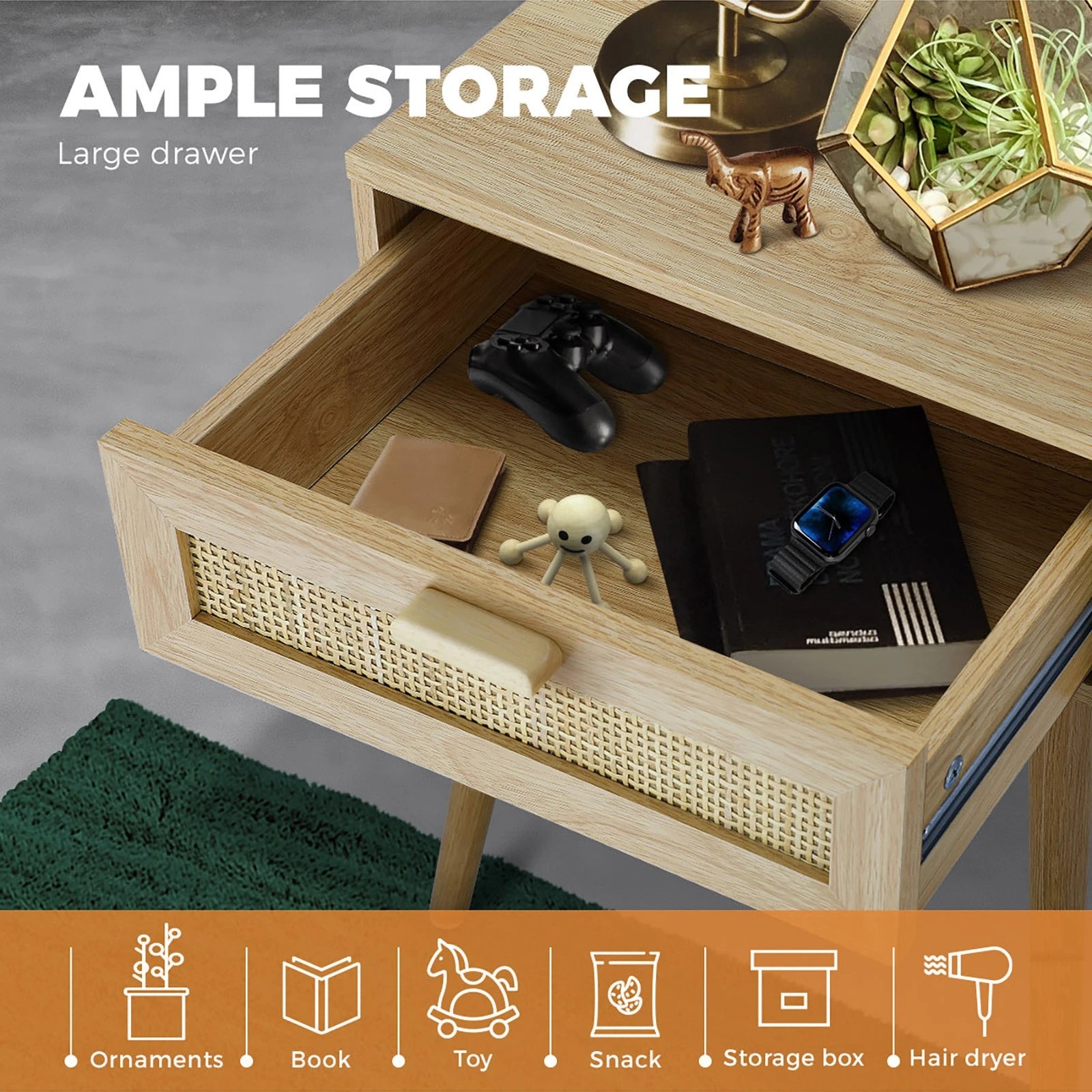 7 Oikiture Bedside Table Drawer Storage Cabinet Nightstand Rattan
 - Natural, 7 of 10