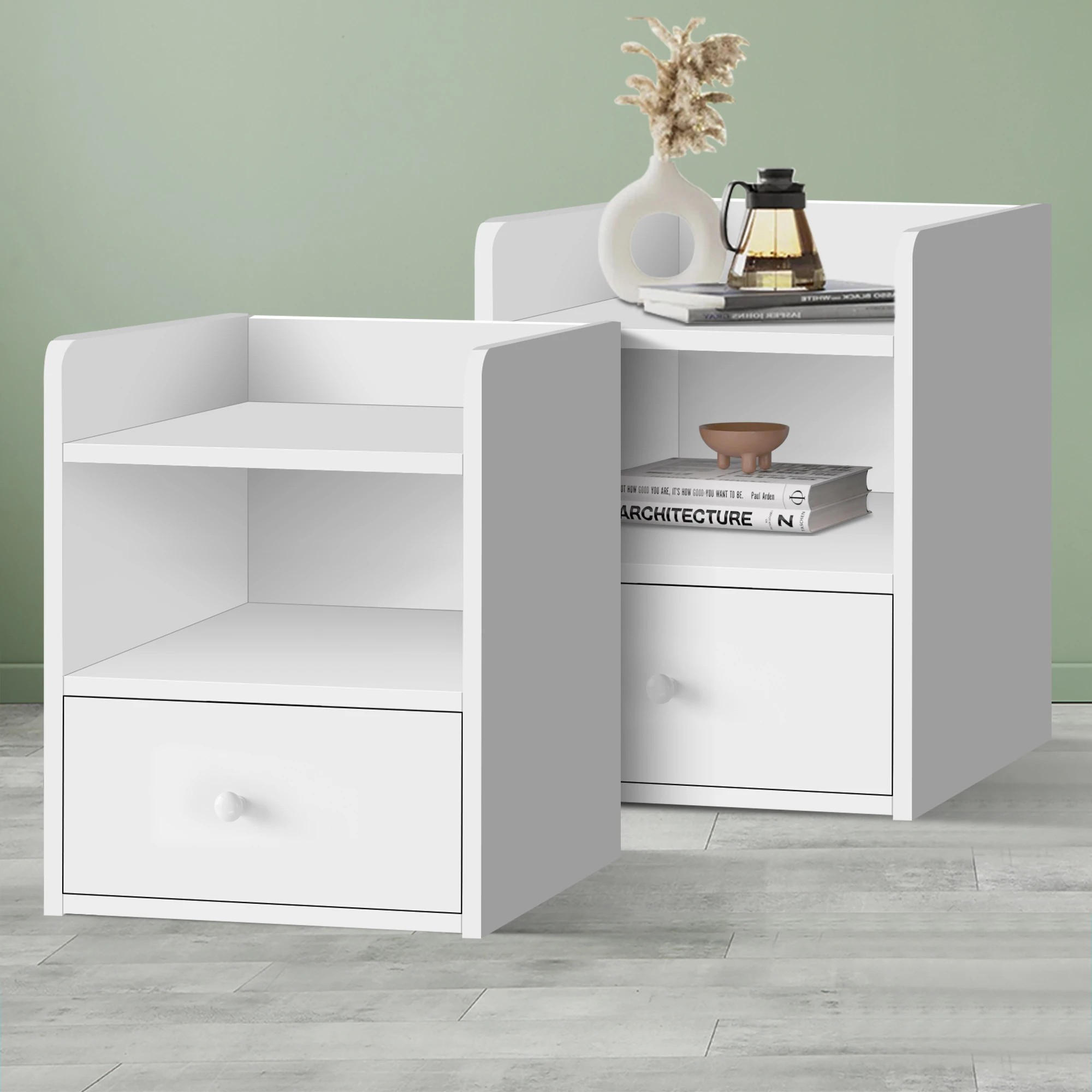 1 Alfordson 2x Bedside Table Nightstand Storage Cabinet Side End 1 Drawer - White, 1 of 8