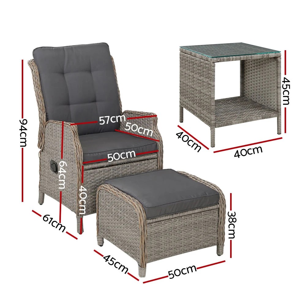 2 Gardeon 5PC Recliner Chairs Table Sun lounge Wicker Outdoor Furniture Adjustable - Grey, 2 of 5