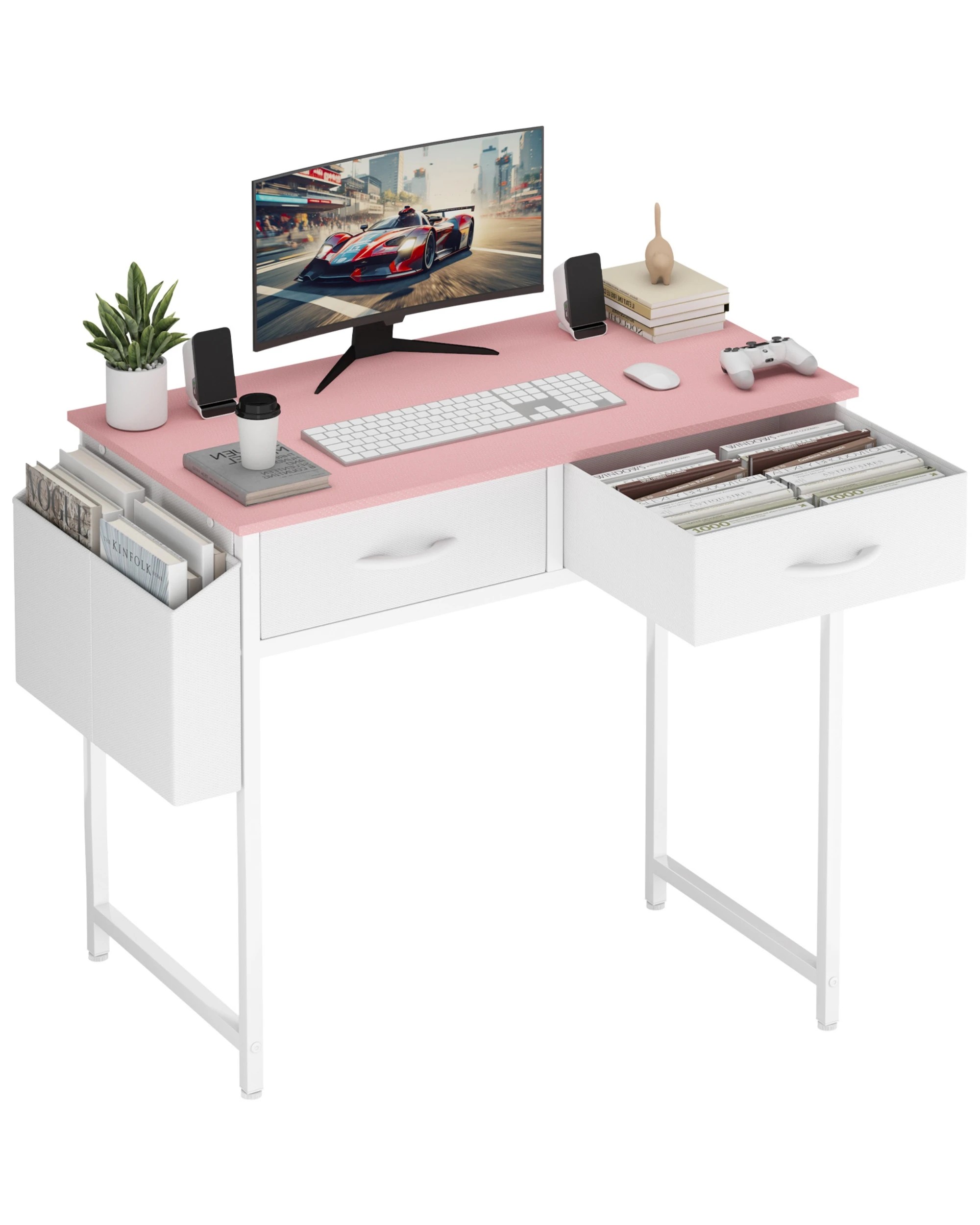 1 Advwin 80cm Small Desk With 2 Drawers And Storage Bag Makeup Vanity Desk Pink, 1 of 10