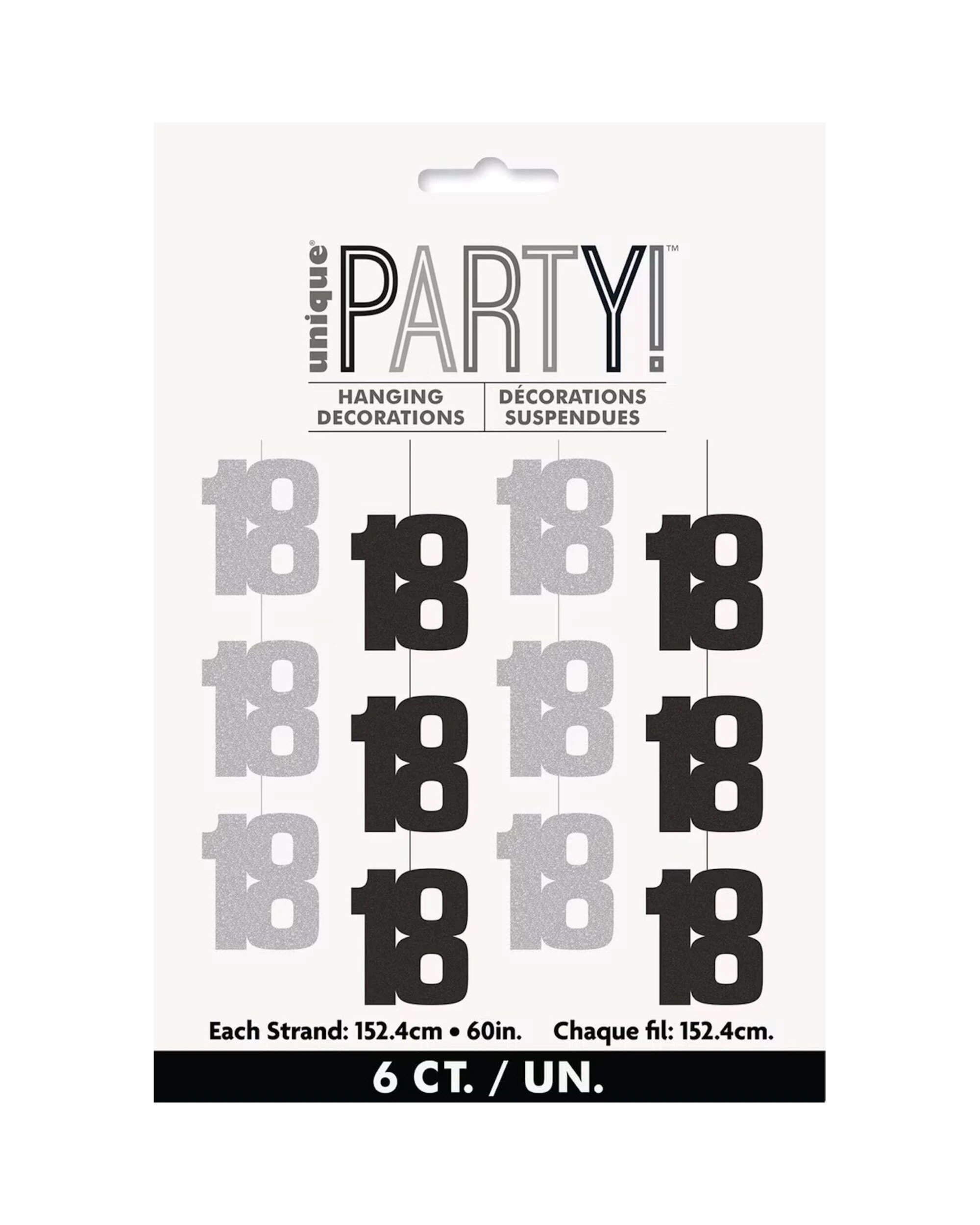 3 Unique Glitz Silver and Black 18th Birthday String Decorations Pack of 6 - Silver, 3 of 4