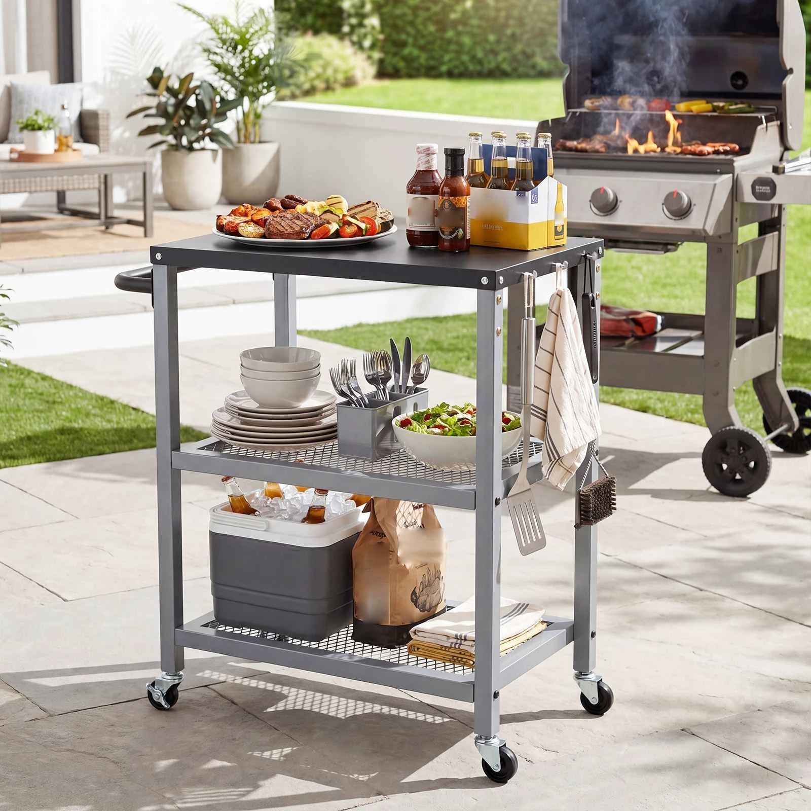 3 Costway 3-Tier Dining Cart Table Kitchen Serving Cart Mobile Food Prep Trolley - Silver, 3 of 4