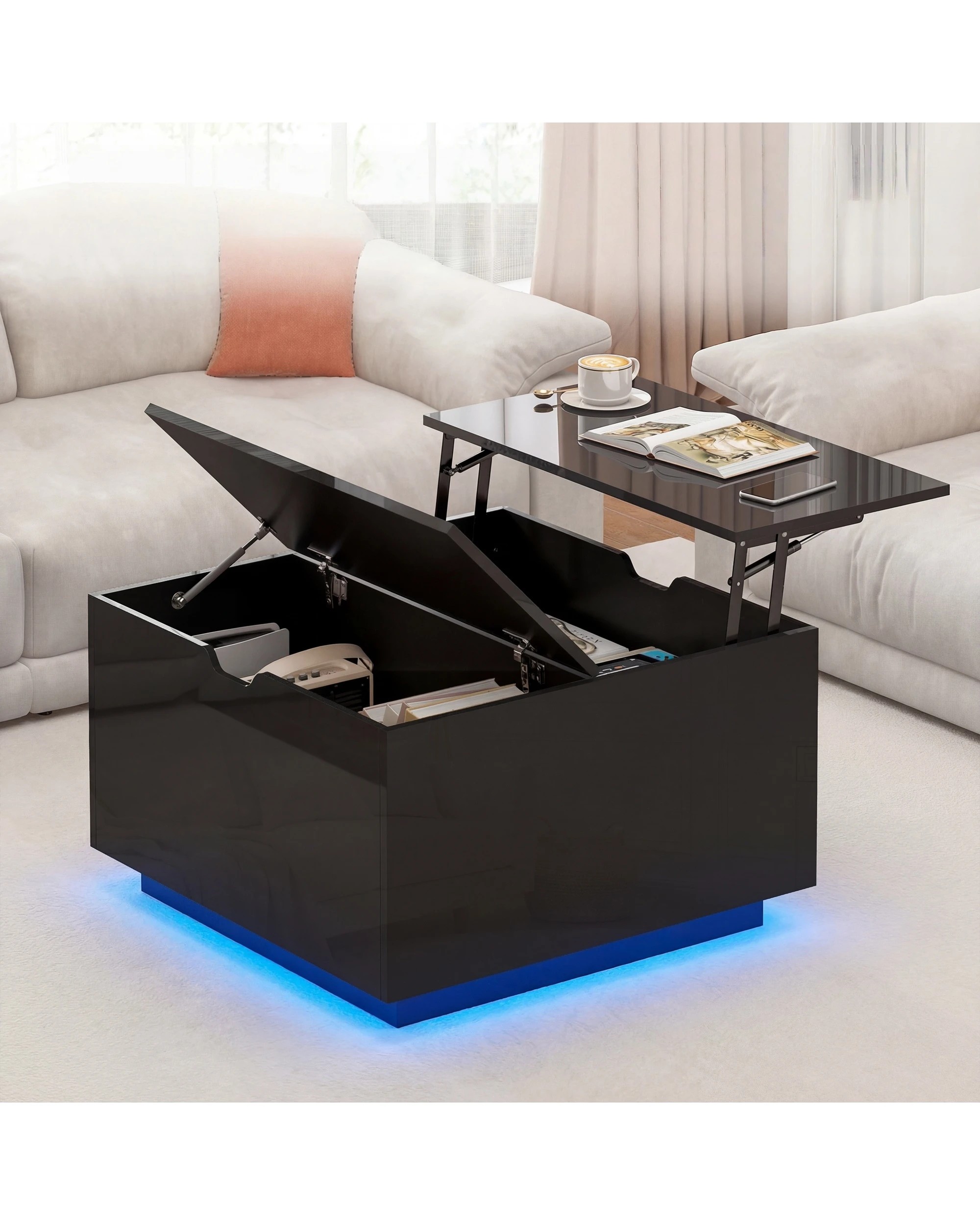 2 Advwin  LED Lift Top Coffee Table  w/ Hidden Storage & Open shelves - Black, 2 of 10