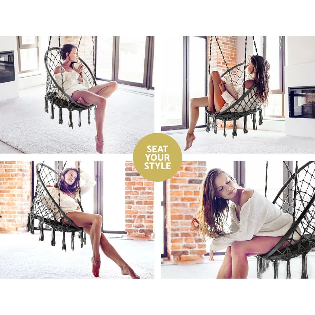 3 Gardeon Hammock Chair Outdoor Hanging Macrame Cotton Indoor - Grey, 3 of 9