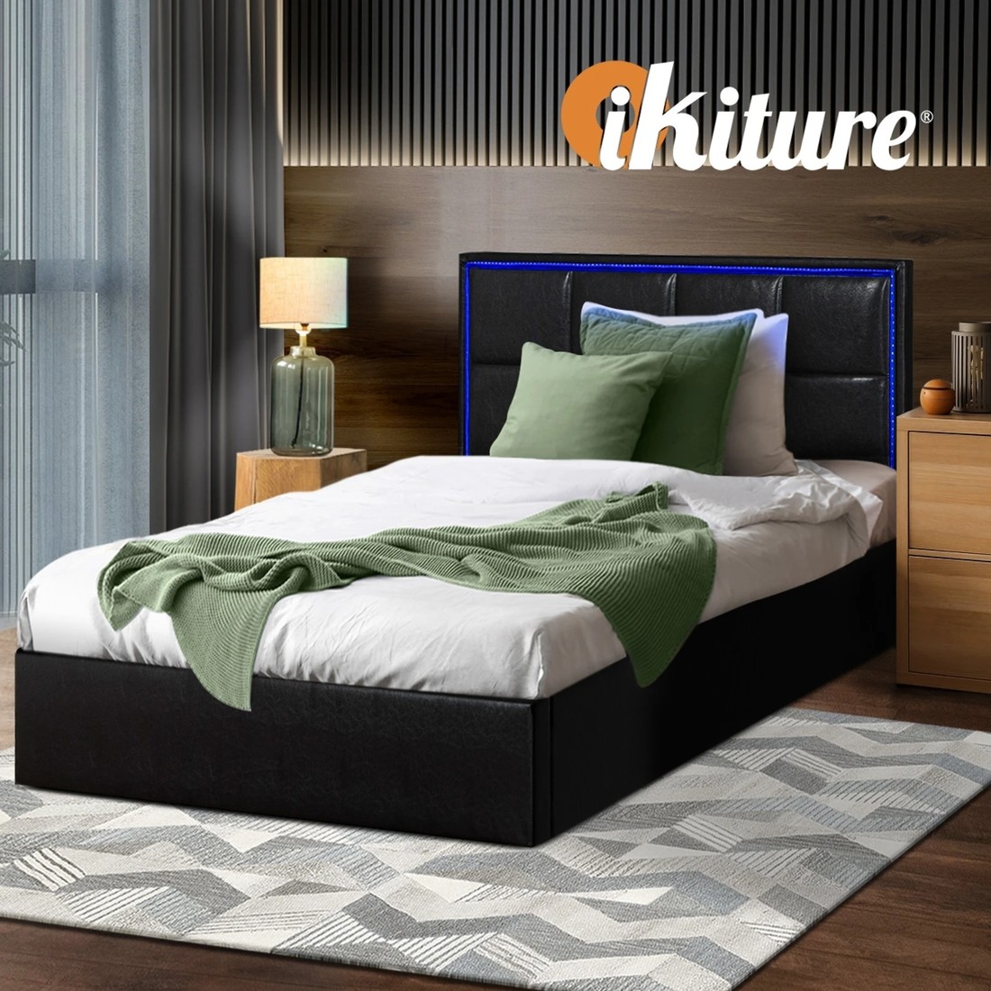 6 Oikiture Bed Frame Single Size RGB LED Gas Lift Storage Base Leather - Black, 6 of 9