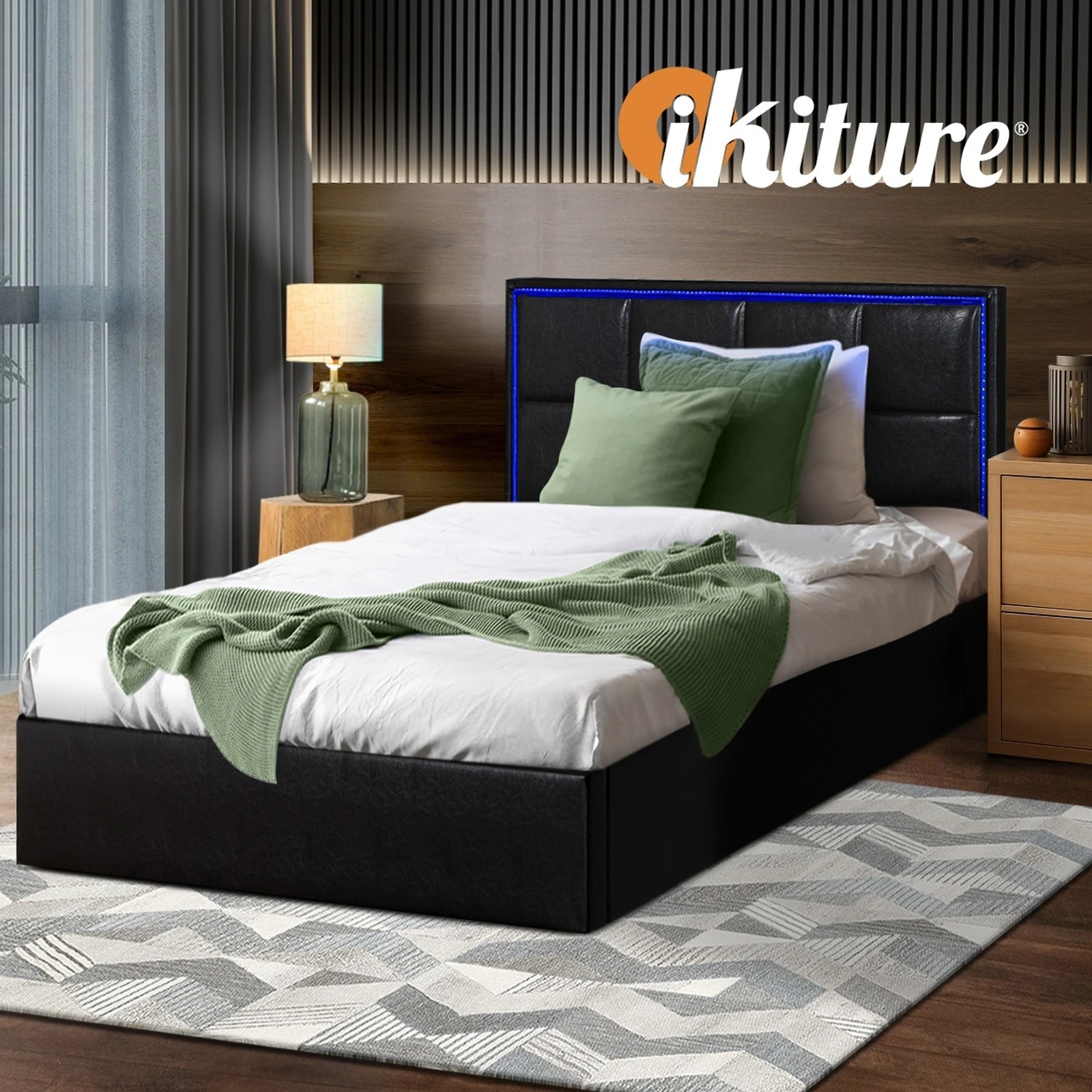 6 Oikiture Bed Frame Single Size RGB LED Gas Lift Storage Base Leather - Black, 6 of 9