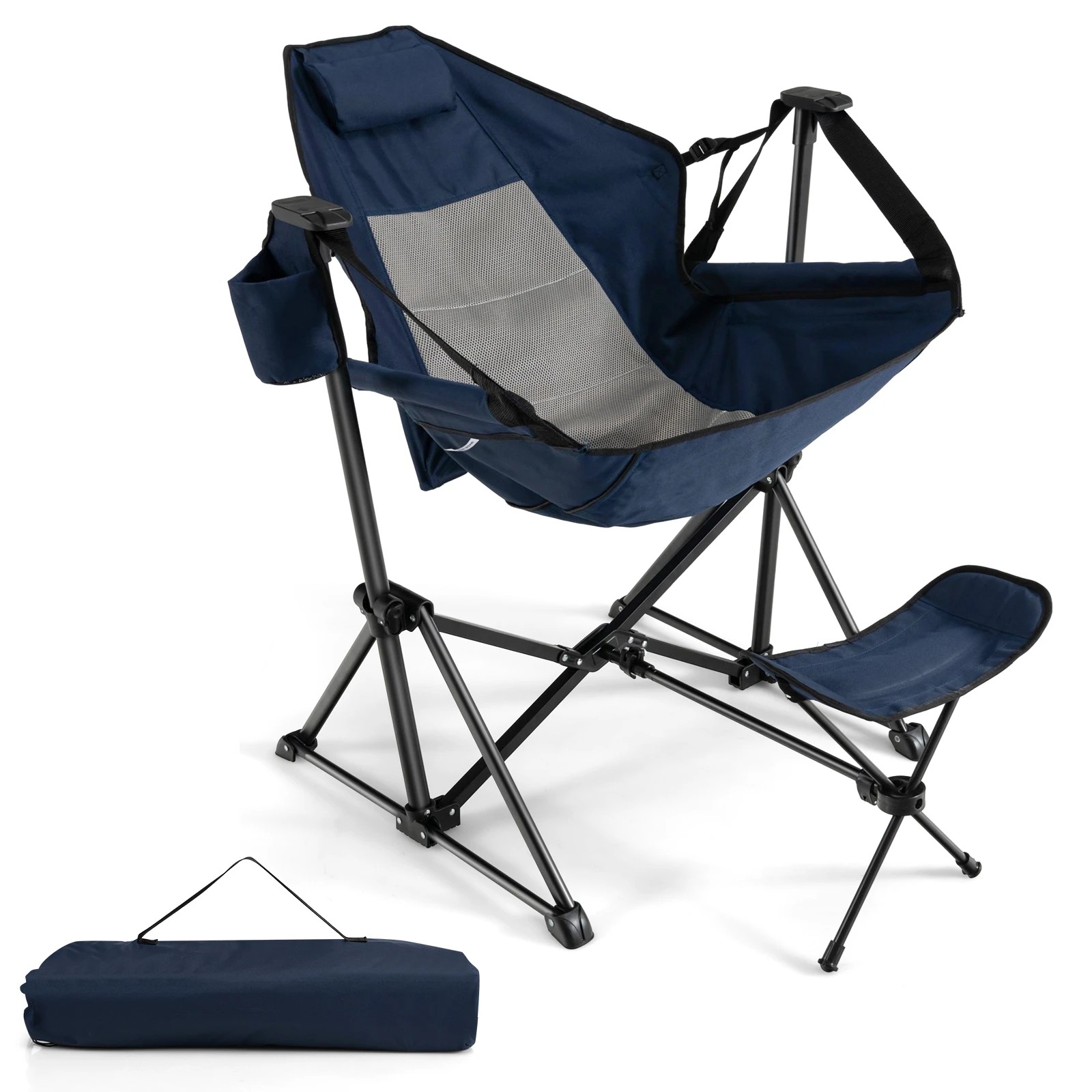 1 Costway Hammock Camping Chair Portable Folding Reclining Chair w/Footrest & Cup Holder - Blue, 1 of 1