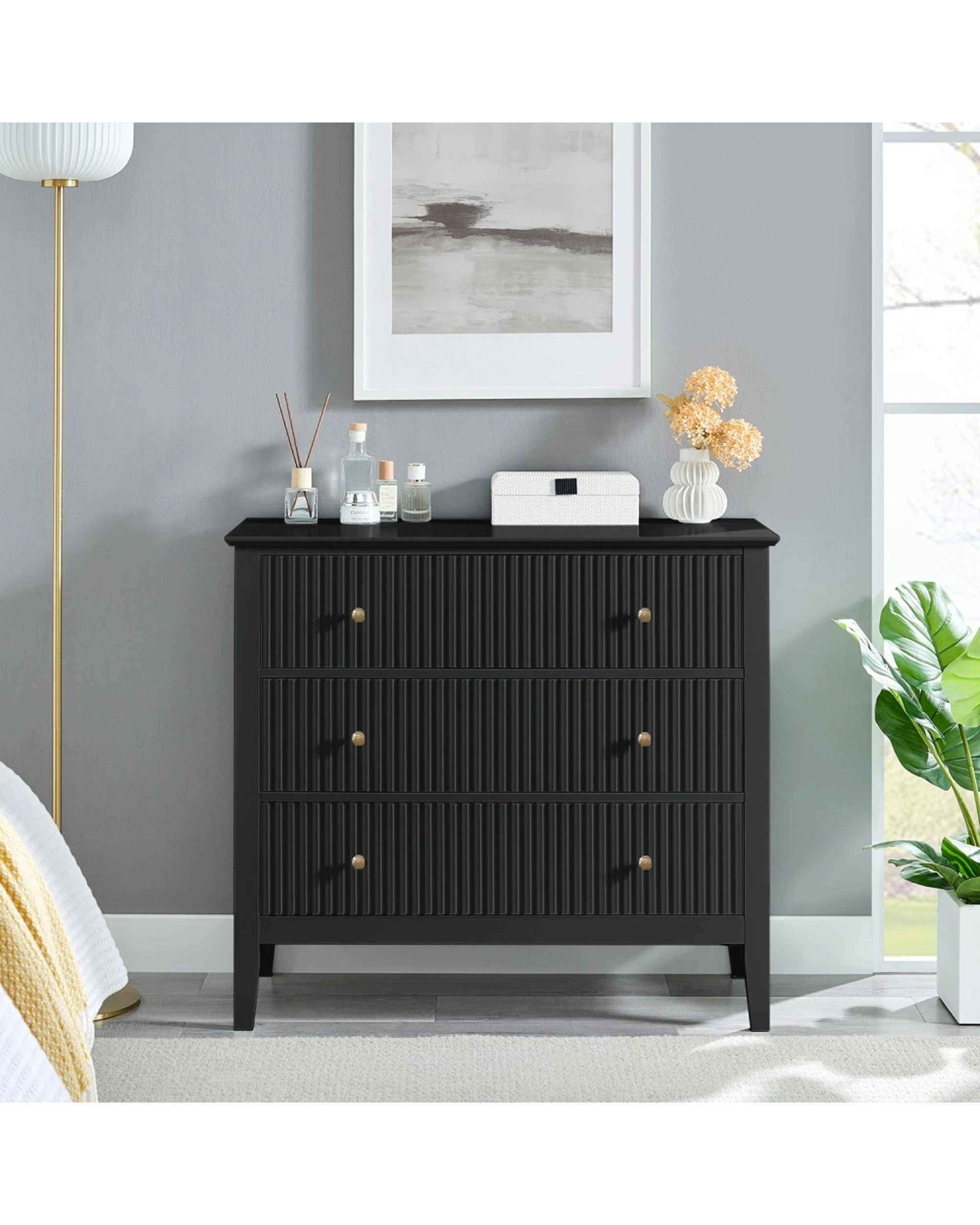 2 Alpine Bay Zara Fluted 3 Drawer Chest NC Painted Matte Finish Storage Unit - Black, 2 of 6