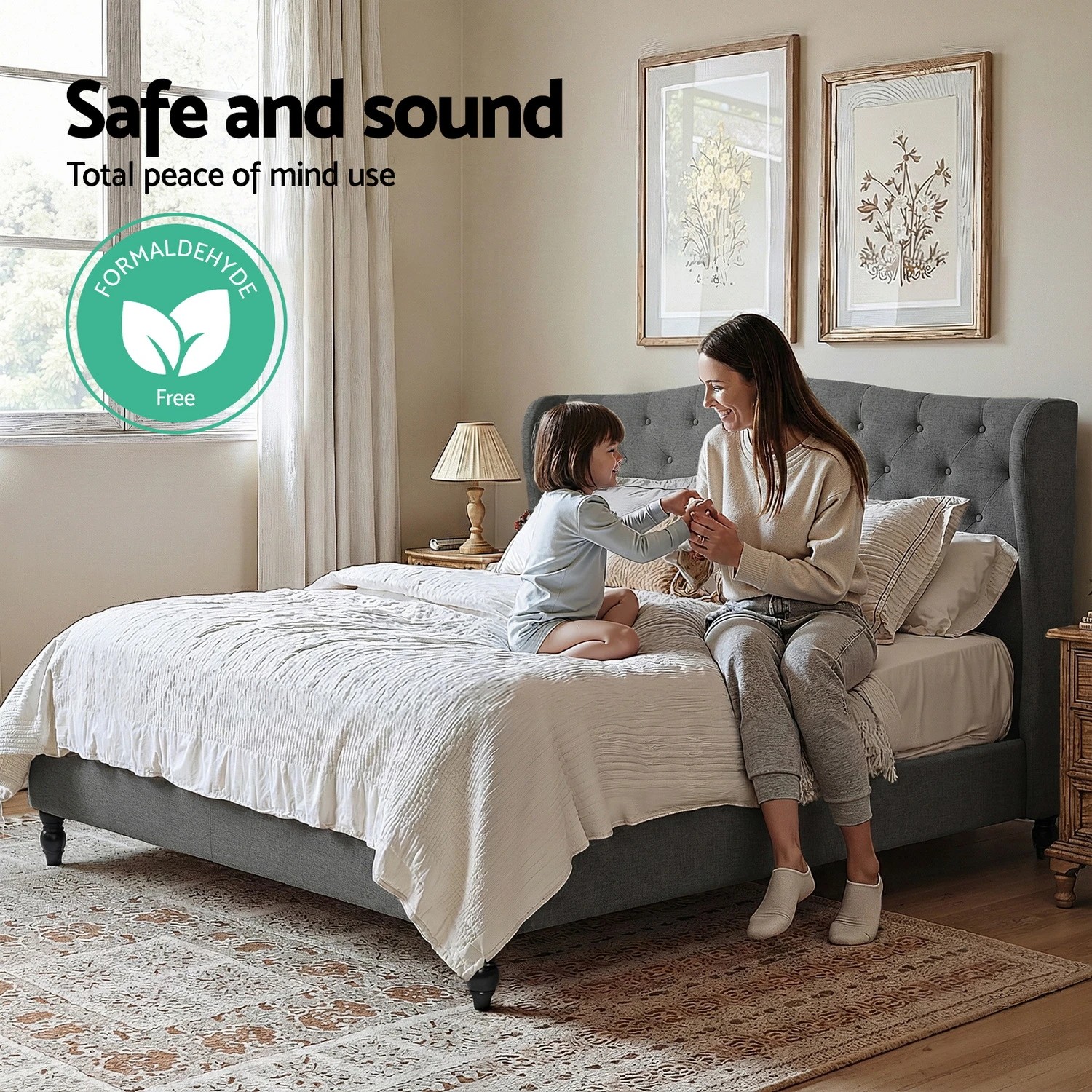 5 Artiss King Bed Frame with Wingback Headboard  Linen Upholste Platform Bed Base - Grey, 5 of 6