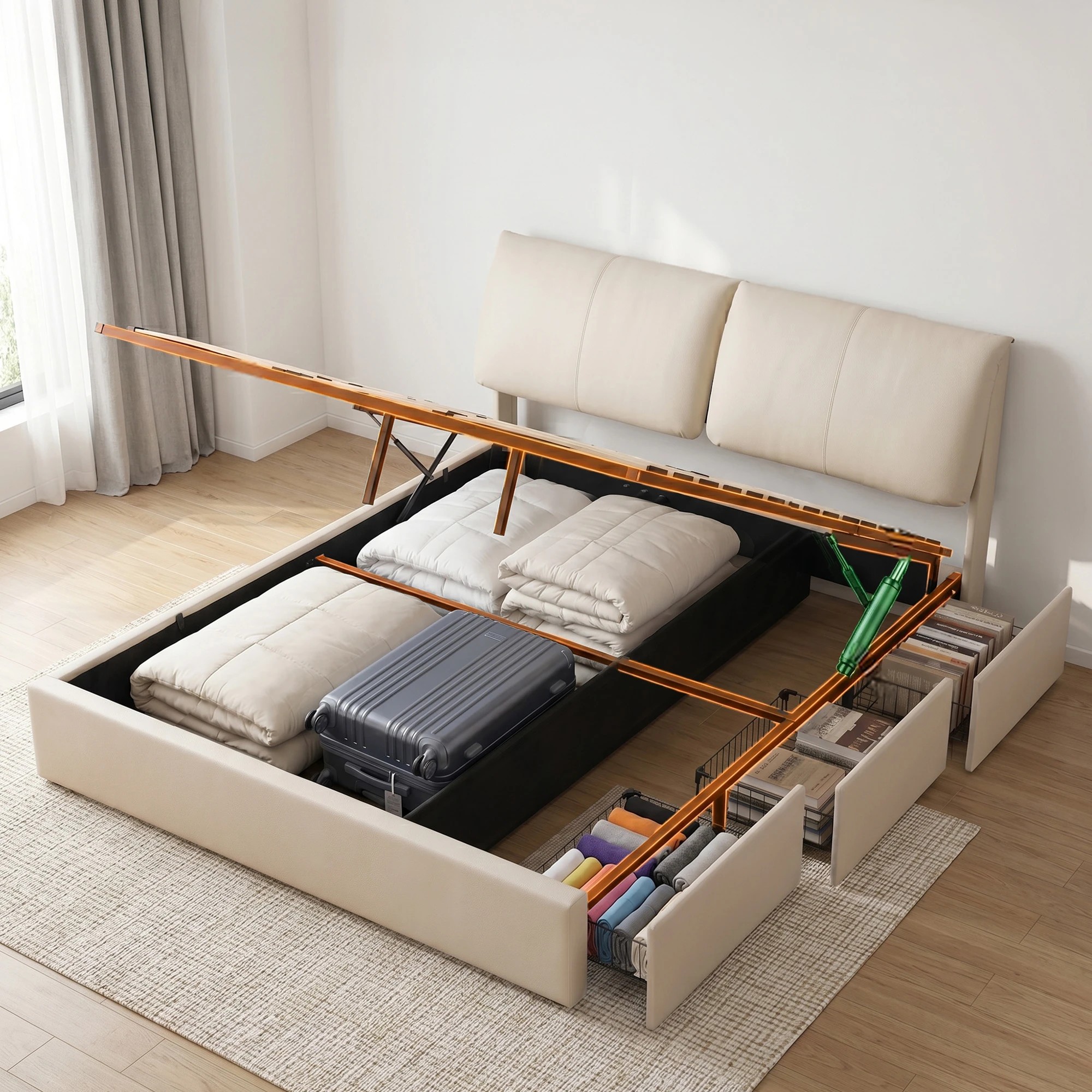 7 Artiss King Bed Frame Gas Lift Storage 3 Drawers Adjustable Headboard Platform Base - Beige, 7 of 9