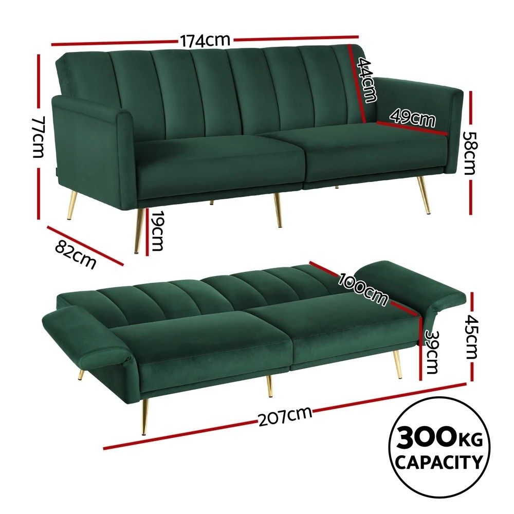2 Artiss Sofa Bed 3 Seater Couch Convertible Lounge Adjustable Arm Recliner Velvet - Green, 2 of 7
