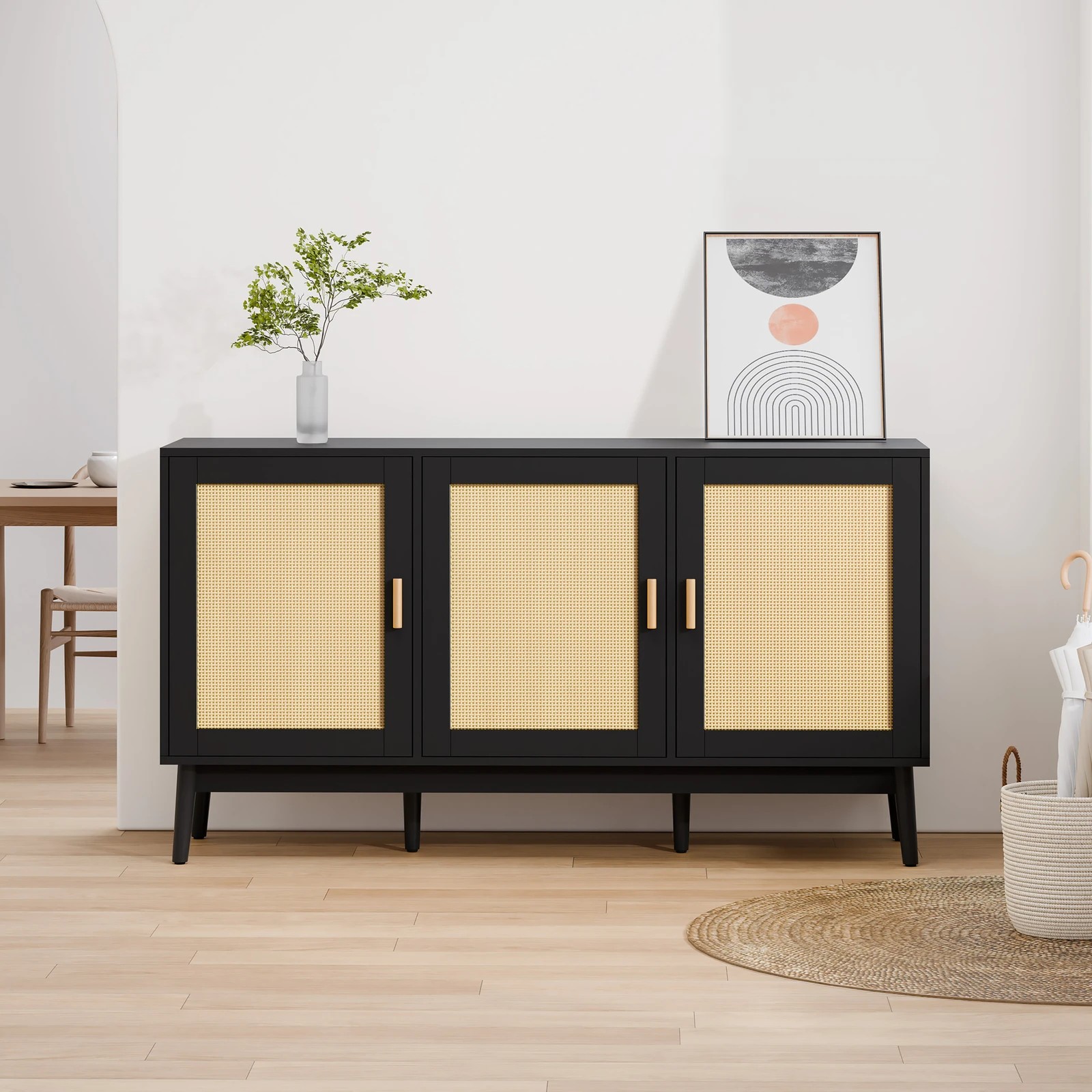 9 Alfordson Buffet Sideboard 3 Doors Cupboard Cabinet Storage Rattan Pantry - Black, 9 of 9