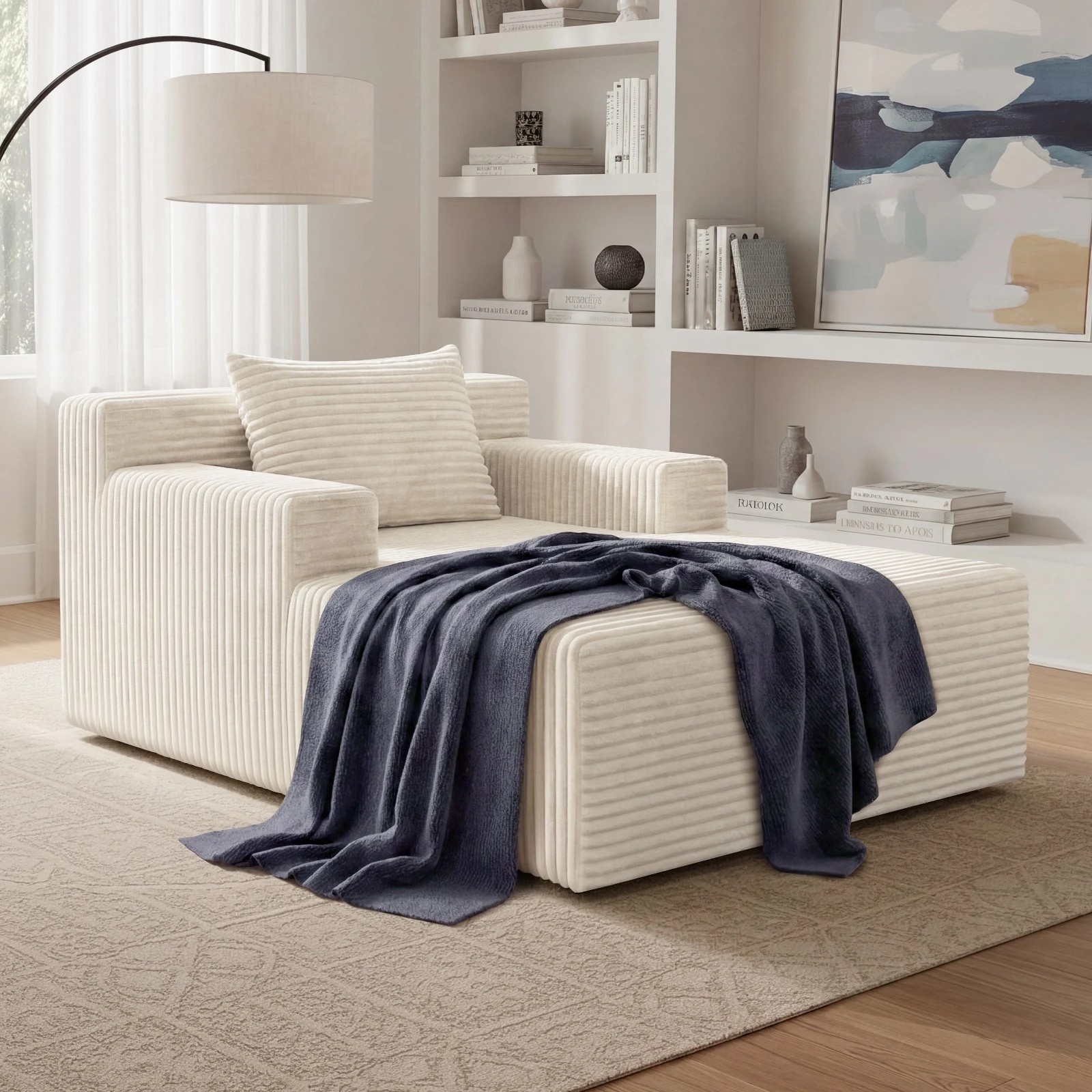 3 Oikiture Compressed Chaise Chair Corduroy Single Sofa Bed Couch - Beige, 3 of 5