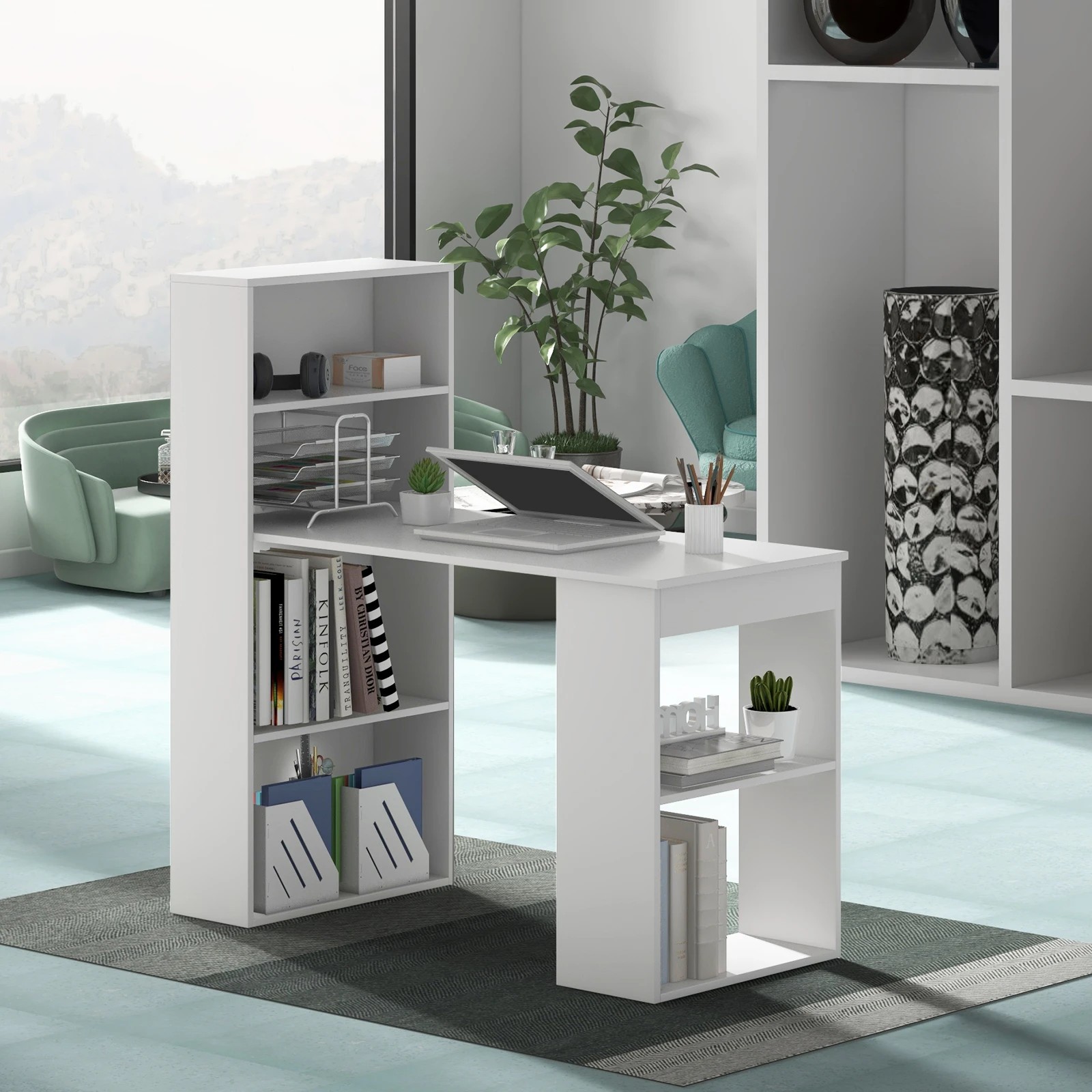 4 Costway 3-in-1 Computer Desk with Bookshelf Reversible Writing Work Table - White, 4 of 5
