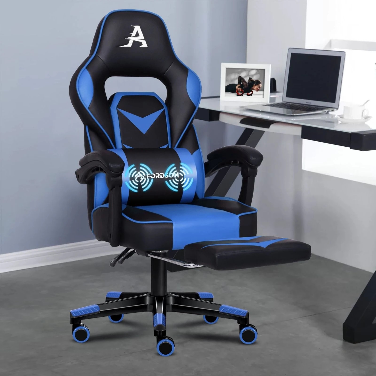 2 Alfordson Gaming Chair Office Massage Seat Racing Footrest Executive - Blue, 2 of 10