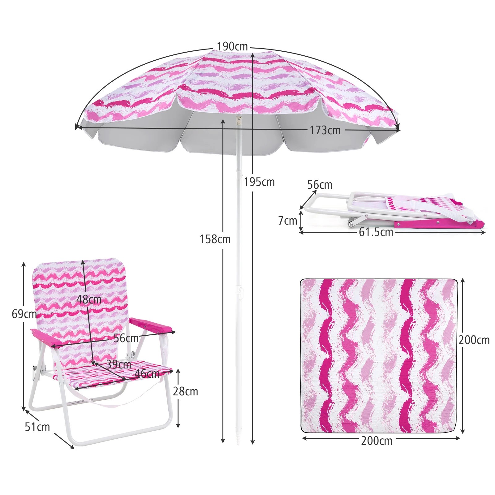 2 Costway 4PCS Beach Umbrella Set w/2 Foldable Chairs Picnic Blanket Tilt Sun Protection - Pink, 2 of 2