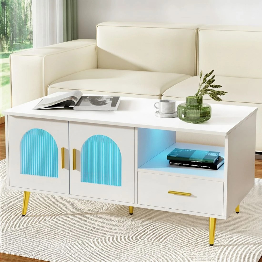 7 Artiss LED Coffee Table Shelf Drawer Storage - White, 7 of 7